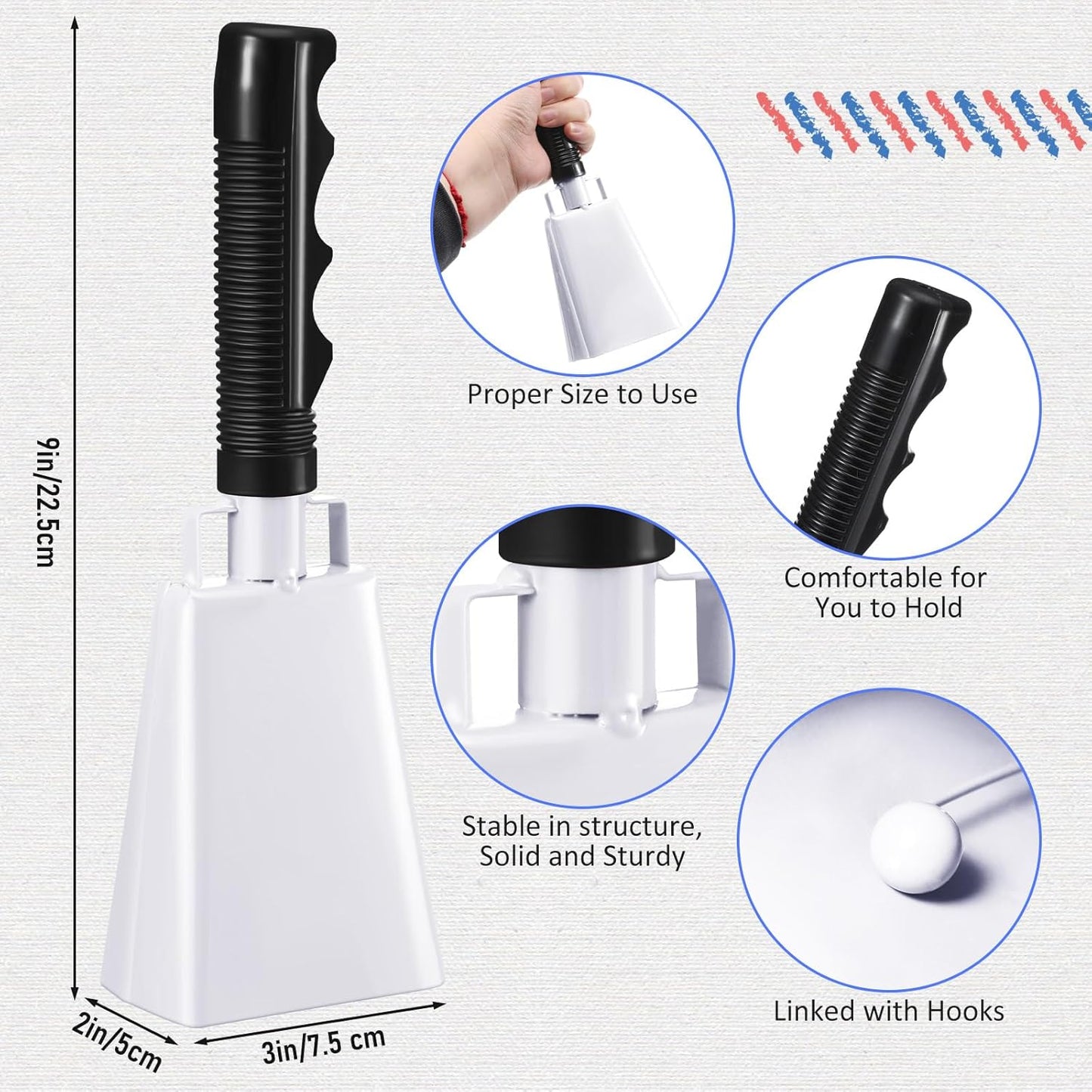 Pelopy 12 Pcs Large Cow Bell 9 '' Cowbell with Handle Cowbells for Sporting Events Hand Percussion Cheering Bell Chimes for Football Game, Alarm Loud Noise Makers, Musical Instrument(White)