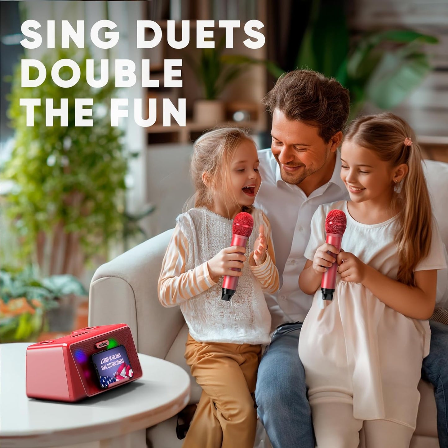 MASINGO Karaoke Machine for Adults and Kids with 2 Wireless Microphones, Portable Bluetooth Singing Speaker, Colorful LED Lights, PA System, Lyrics Display Phone Holder, and TV Cable. Presto G2 Pink