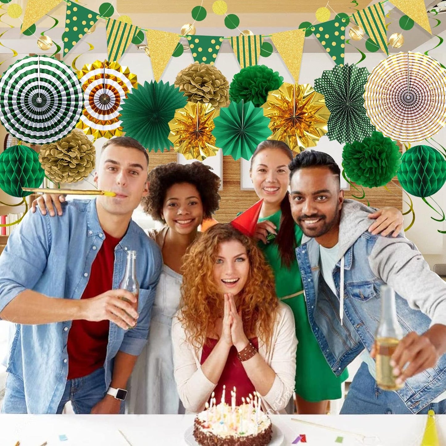 Green Gold Party Decorations Paper Fans, Graduation Season Hanging Glitter Triangle Flags Banner Hanging Paper Fan Happy Birthday Banners and Triangular Flag, Bridal Shower,Green Themed Birthday