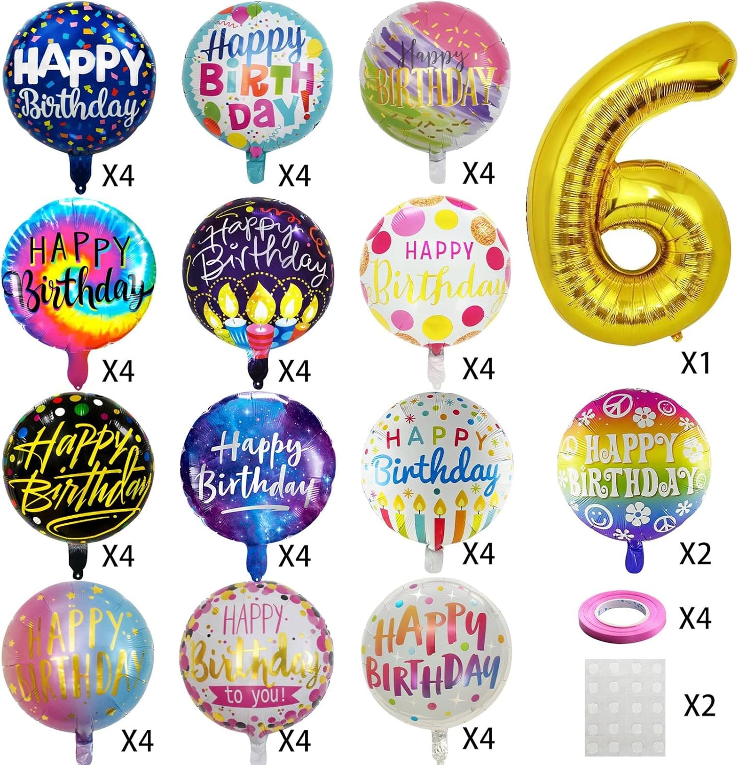 50 Pcs Happy Birthday Party Aluminum Foil Balloons and 6th Balloons, 18 Inch Round Aluminum Foil Balloon with" Happy Birthday" Sign, Birthday Decorations for Boys/Girls (Yellow, 6)