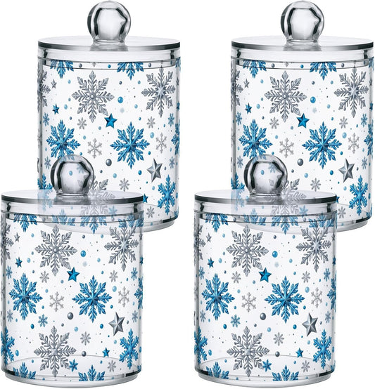 Gredecor Christmas Winter Qtip Holder Dispenser 4 Pack Silver Blue Glitter Snowflakes Apothecary Jars with Lids Bathroom Vanity Countertop Canister Storage Organizer for Cotton Ball,Swabs,Pads,Floss