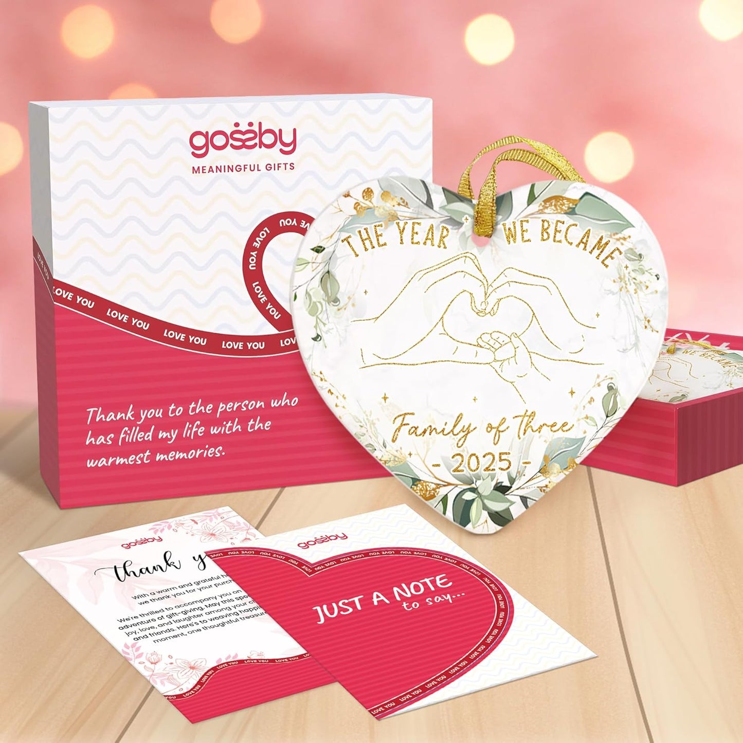 GOSSBY Baby First Christmas Ornament 2025 - The Year We Became Family of 3 - Baby Frist for New Parents - Newborn, 1st Xmas Tree Decoration - Heart-Shaped Ceramic Ornament