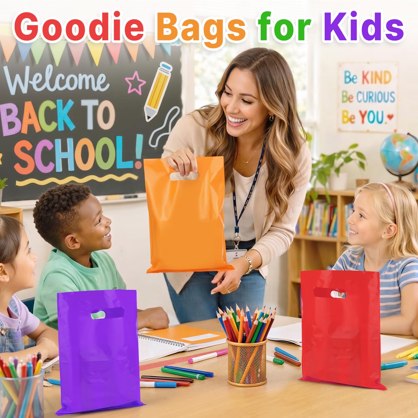 ANZNKU 50PCS Colorful Party Favor Gift Bags 8x11, Plastic Goodie Bags Bulk