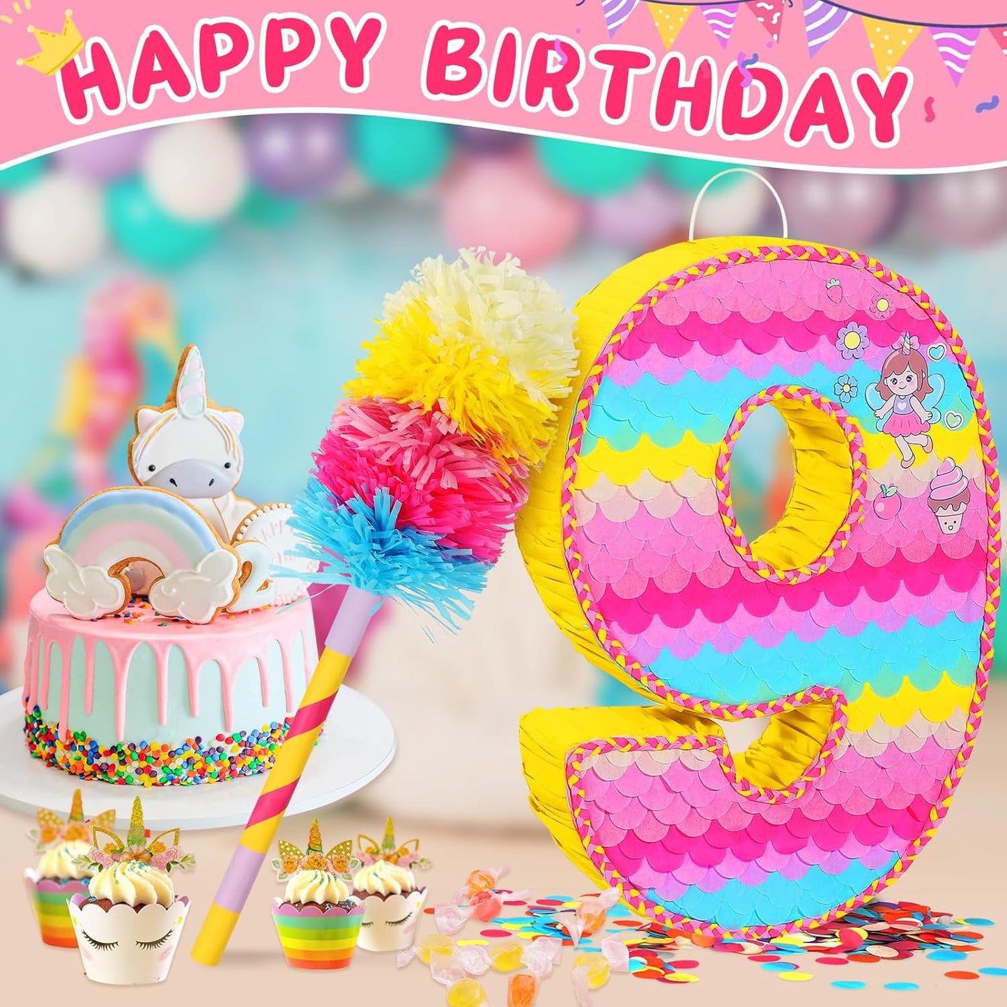 Number 9 Pinata for Birthday Party Decorations, Unicorn Mermaid Theme Pink Piñata Games Toy (9th)