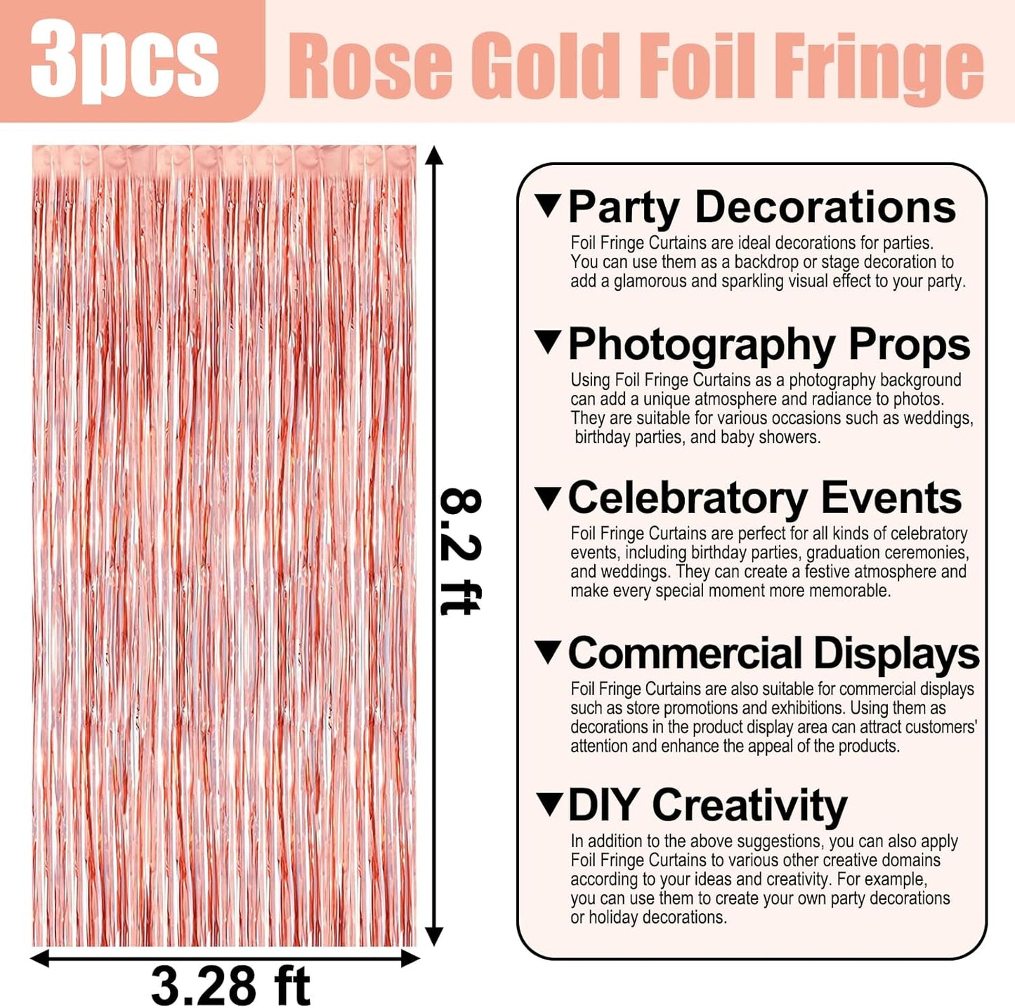 3 Pack Rose Gold Foil Fringe Curtain Backdrop, 3.28Ft x 8.2Ft Metallic Tinsel Foil Fringe Streamer Curtains for Photo Booth, Christmas Day, Thanksgiving, Wedding, New Year Party Decorations