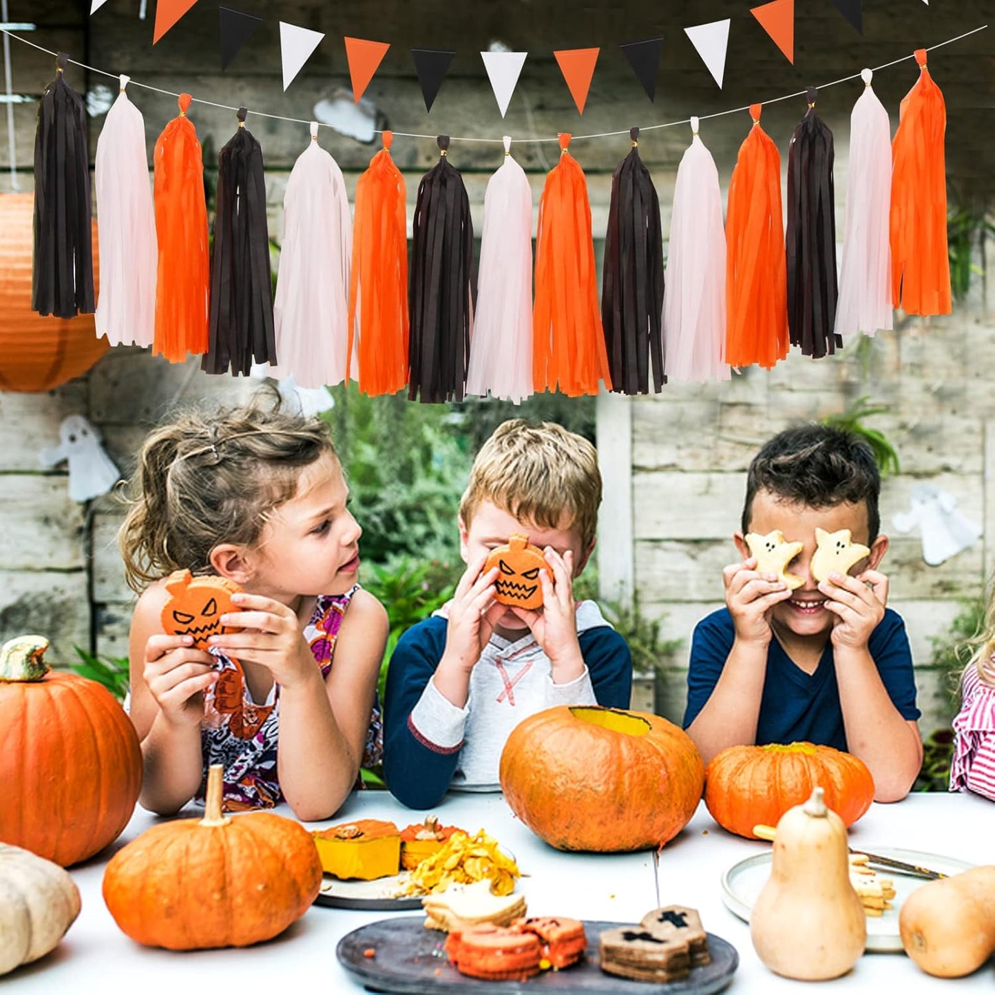 Black White Orange Halloween Party-Decorations - 23pcs Tissue Pom Poms Streamers,Tassel Garland Banner,Graduation 2025 Birthday Wedding Baby Bridal Shower Decor Bunting Lasting Surprise