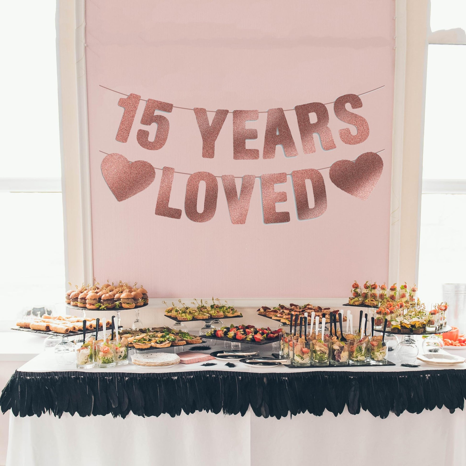 15th Birthday Party Decorations for Girls, Pre-Strung 15 YEARS LOVED Banner - Rose Gold Glitter