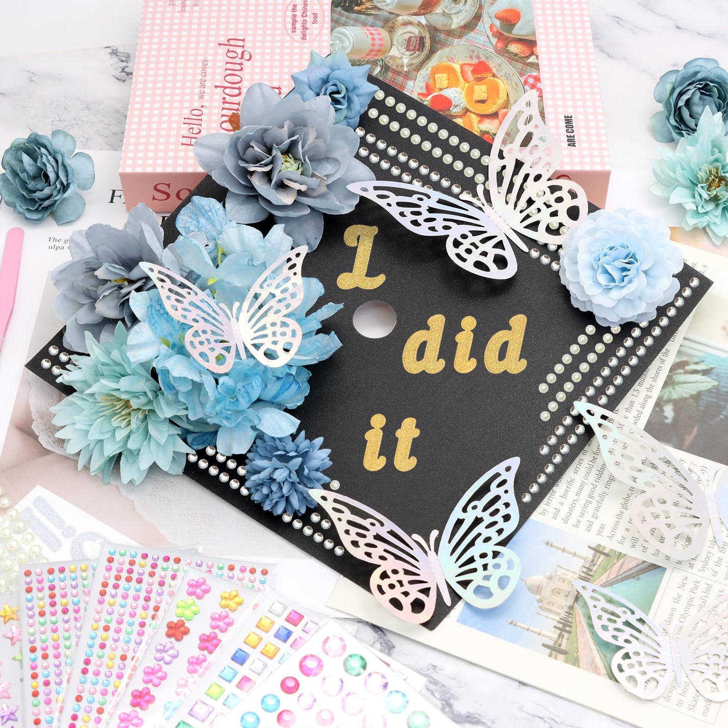 ZYNERY Graduation Cap Decorations Kit Grad Cap Topper Decor Includes Glitter Paper 3D Butterfly