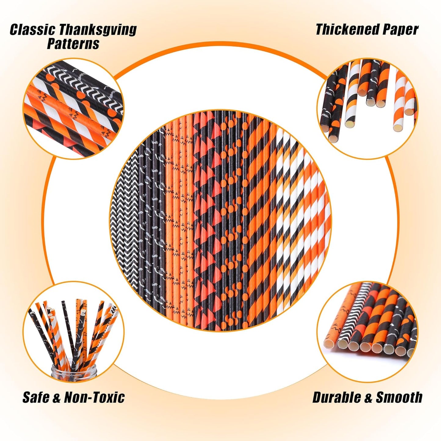 Cooraby 200 Pieces Halloween Paper Straws Biodegradable Drinking Stripe Bicolor Stripe Dot Straw Mix for Wedding Supplies and Party Favors, 8 Styles (Black and Orange)