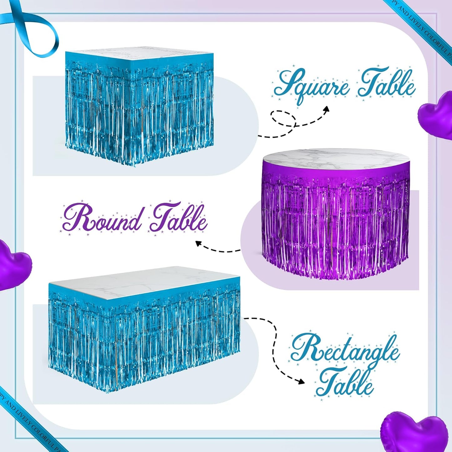 2 Pack Lake Blue Dark Purple Table Skirts, 29x108" Metallic Foil Tinsel Fringe Table Skirt for Rectangle Tables Streamer Curtains Backdrop, Party Decorations for Birthdays, Weddings, Holidays