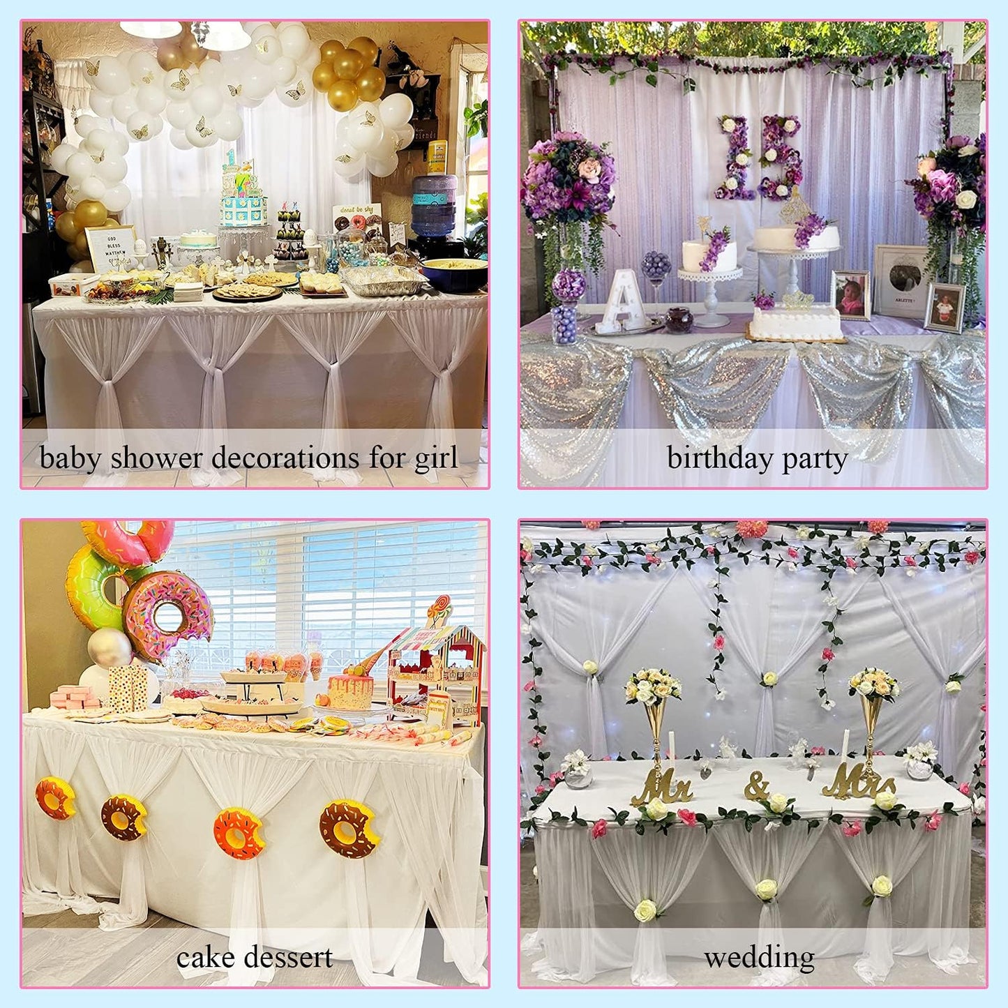 Suppromo White Tulle Table Skirts for Rectangle Tables 6ft for Wedding Birthday Party Bridal Shower White Tutu Ruffle Table Cloth for Cake Dessert Buffet Banquet Dinner Table Decorations