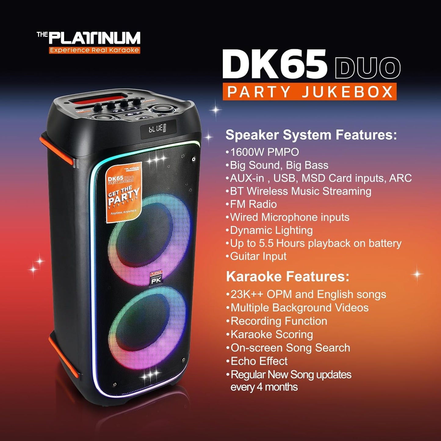 The Platinum DK65 Bluetooth Party Speaker, Karaoke Machine for Adults with 2 Wireless Microphones and Powerful bass & subwoofer, RGB Lights, Features Over 23k Songs for Outdoor & Home