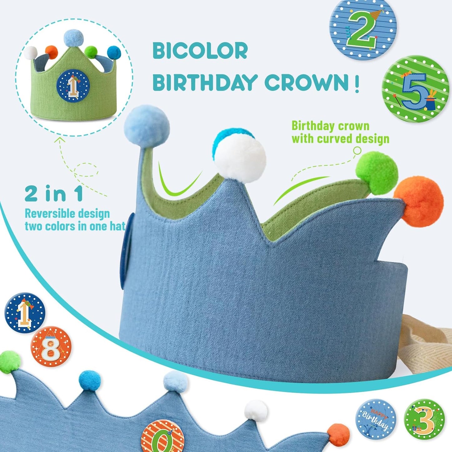 Reusable Birthday Crown with Numbers,Kids Birthday Hat Fabric Crown Pertain Kids Boy Toddler Girl Baby Bday Hats