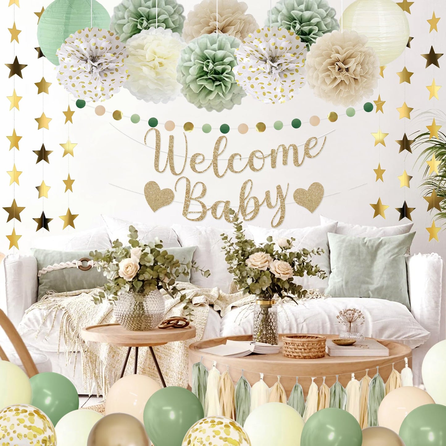 Amandir Sage Green Baby Shower Decorations Welcome Baby Banner