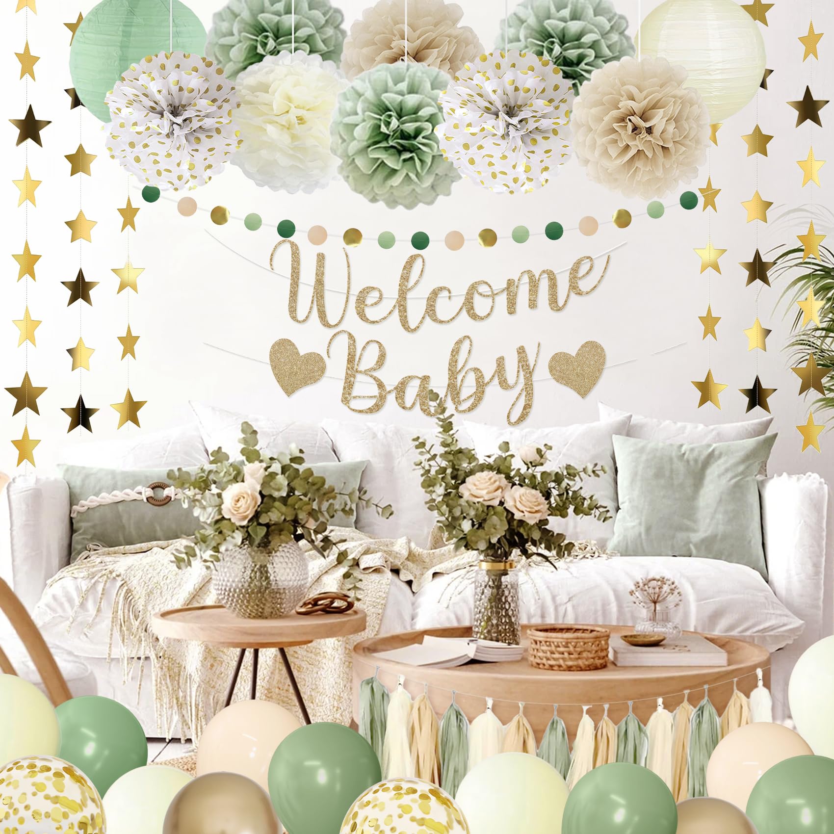 Amandir Sage Green Baby Shower Decorations Welcome Baby Banner