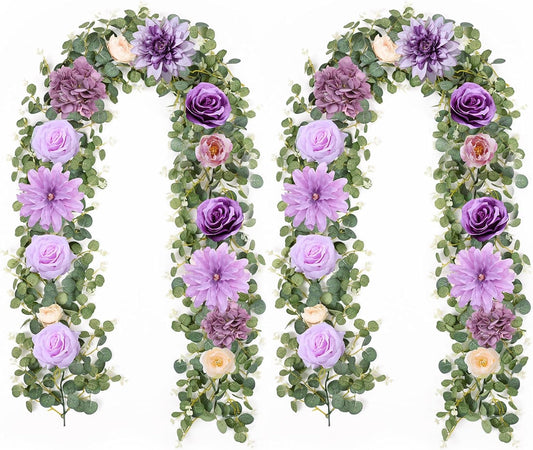 Waipfaru 2 Pcs Flower Garland, 6.07Ft Eucalyptus With Flowers, Rose Floral Vines for Wedding Reception Table Mantle Room Spring Summer Decor (Purple)