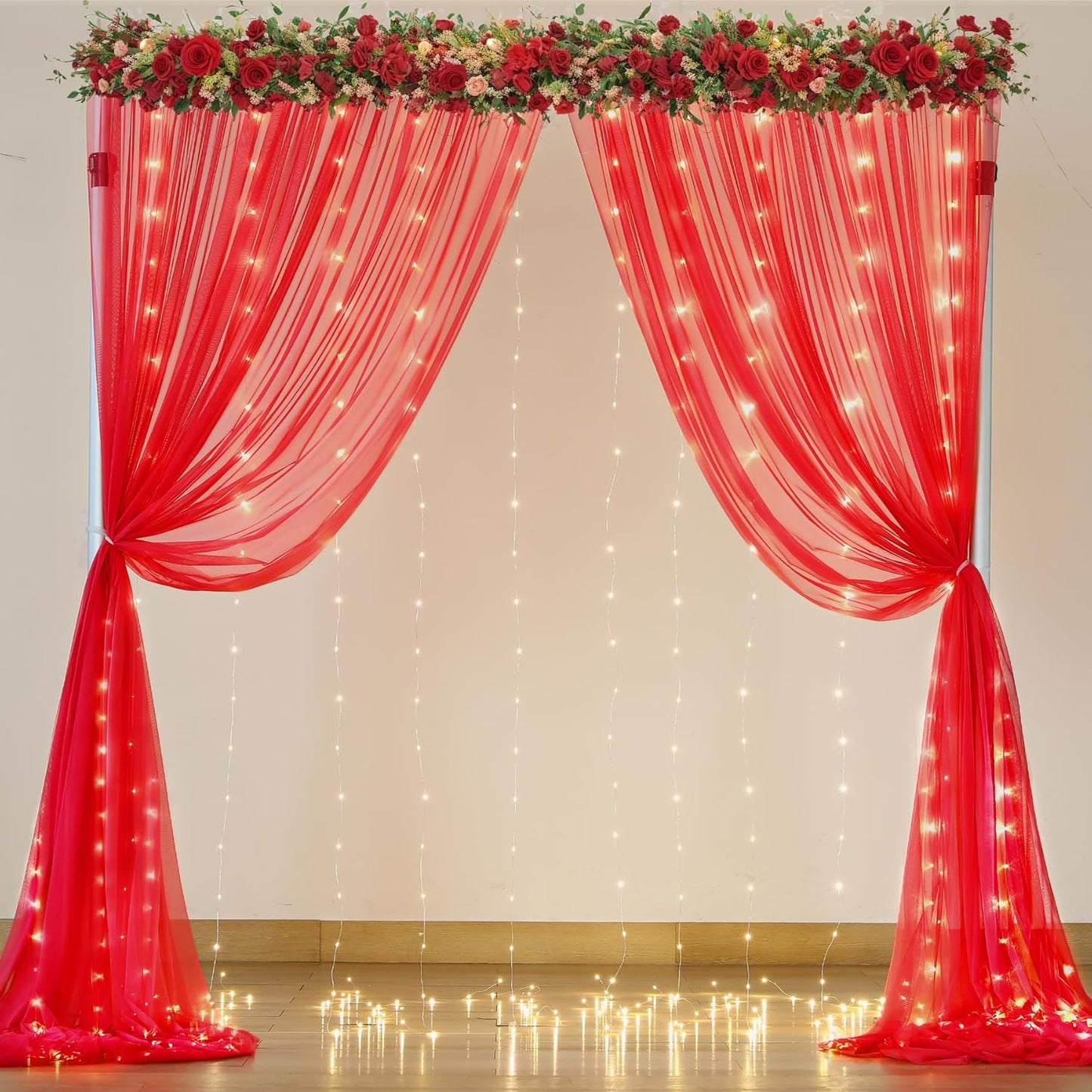 Red Tulle Backdrop Curtain with Lights String for Parites 10x8ft Red Sheer Backdrop Curtains Drapes for Birthday Party Bridal Shower Baby Shower Christmas Wall Photo Booth Background Decorations