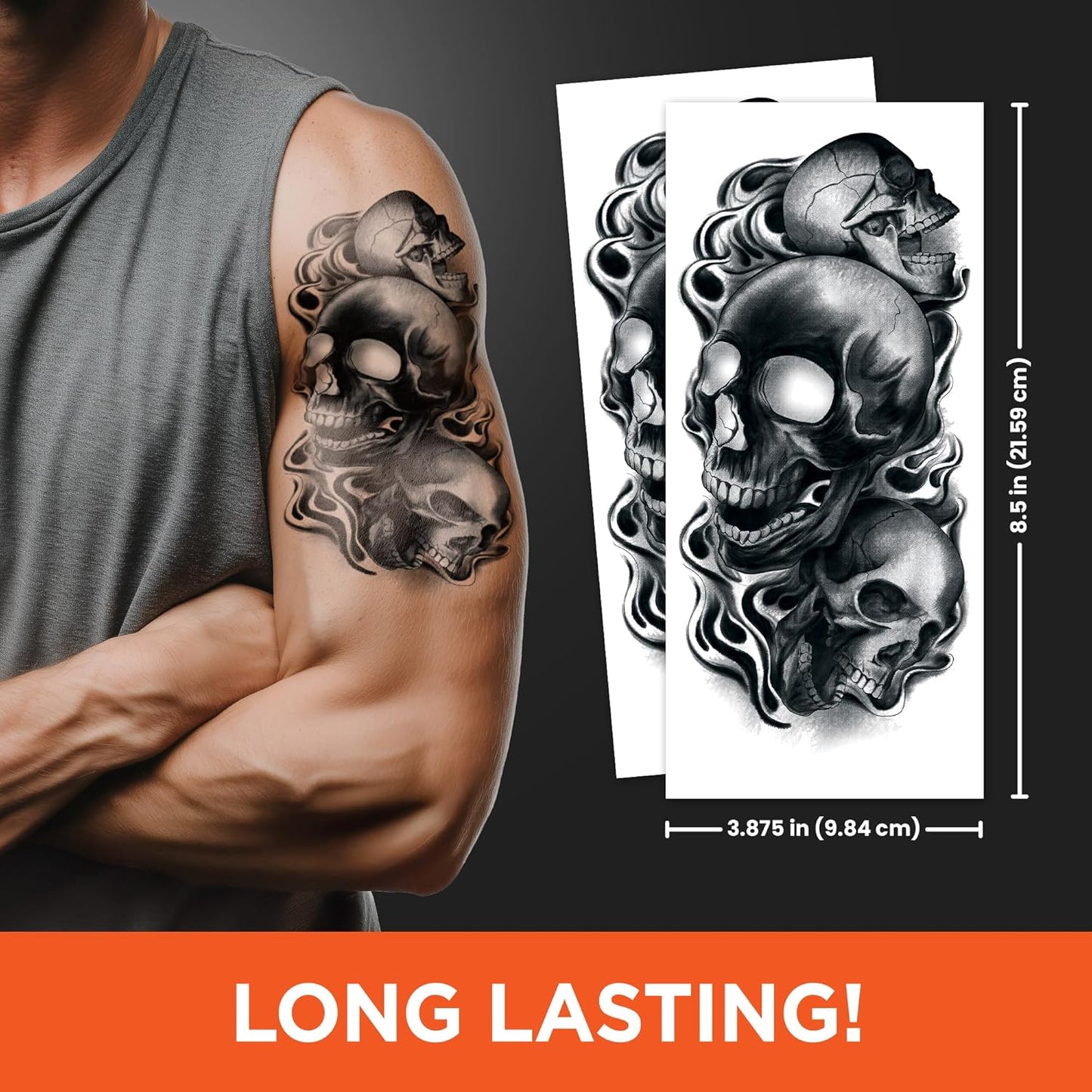 Skull Temporary Tattoo Sleeves – Realistic Full Arm Fake Tattoos for Men & Women, Slip-On Sleeve Style, Reusable Halloween Costume Accessory or Cosplay Prop