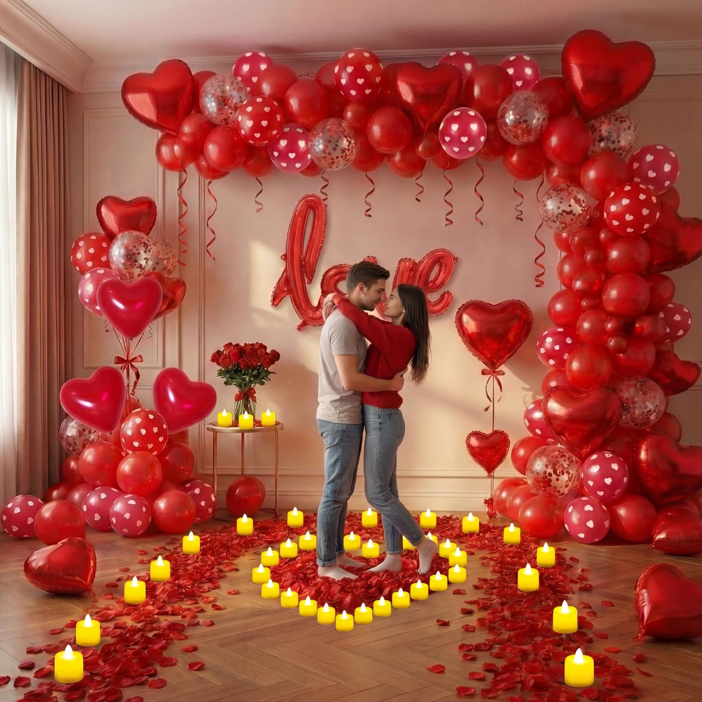 Valentine’s Day Decorations Set – Red Heart Balloon Kit with LOVE Foil, LED Candle Lights & Rose