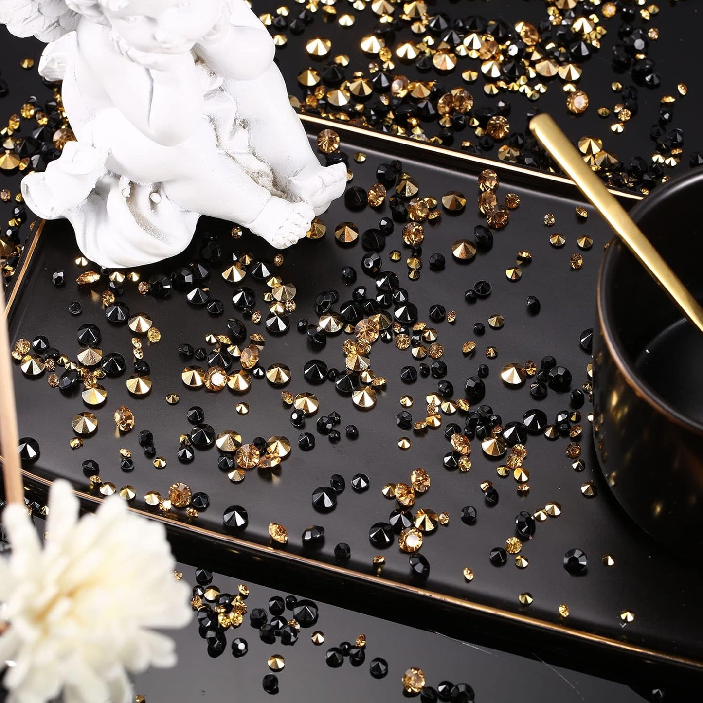 10000 Clear Wedding Table Scatter Confetti Crystals Acrylic Diamonds Rhinestones for Table Centerpiece Decorations Wedding Bridal Shower Decorations Vase Beads (Gold, Black,3 mm, 4 mm, 6 mm)