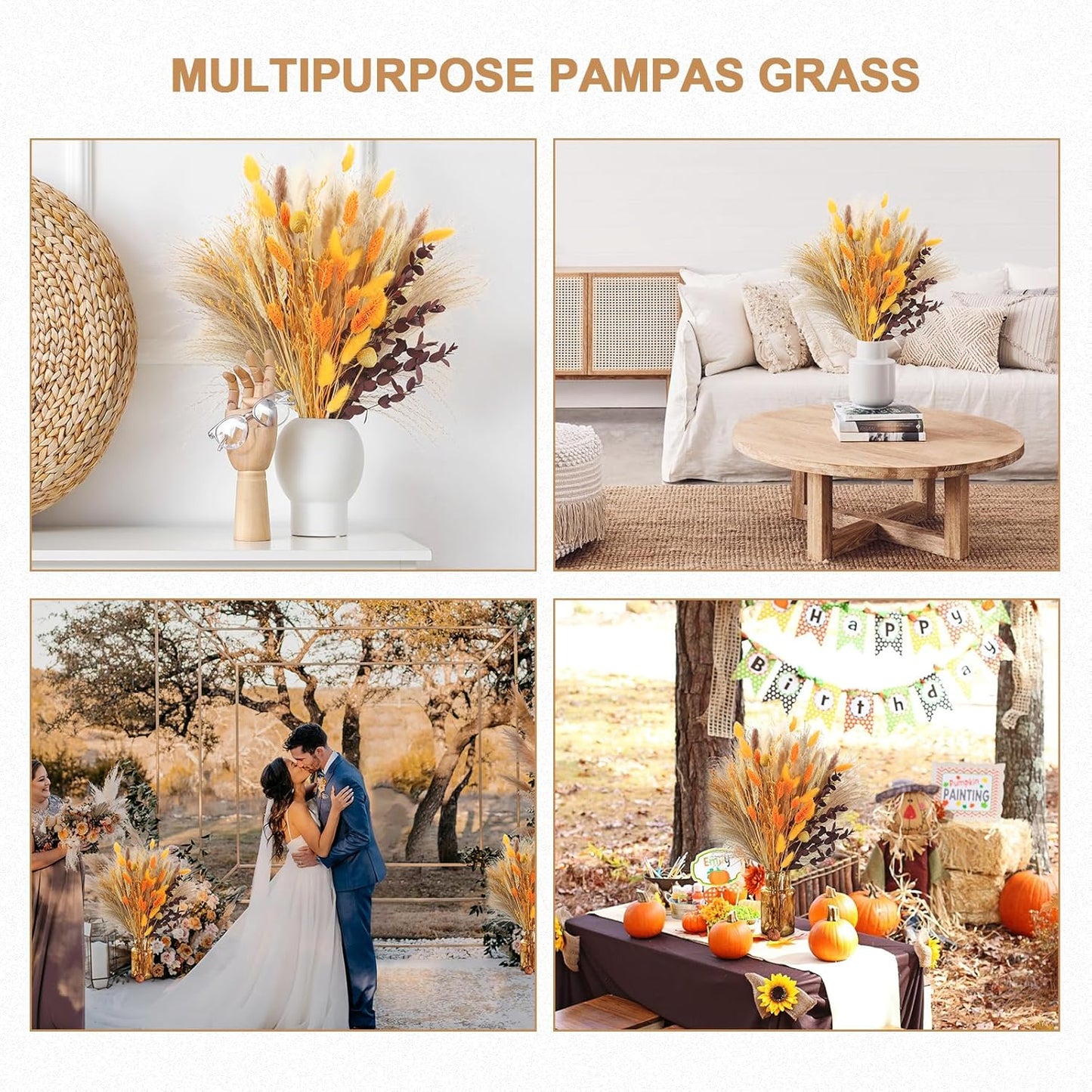 Fall Home Decor 104Pcs Orange Pampas Grass Autumn Dried Flowers Decorations Fluffy Gold Bouquet Fall Wedding Table Centerpieces Rustic Farmhouse Floral Fall Flowers Boho Indoor Outdoor Decor, 17Inch