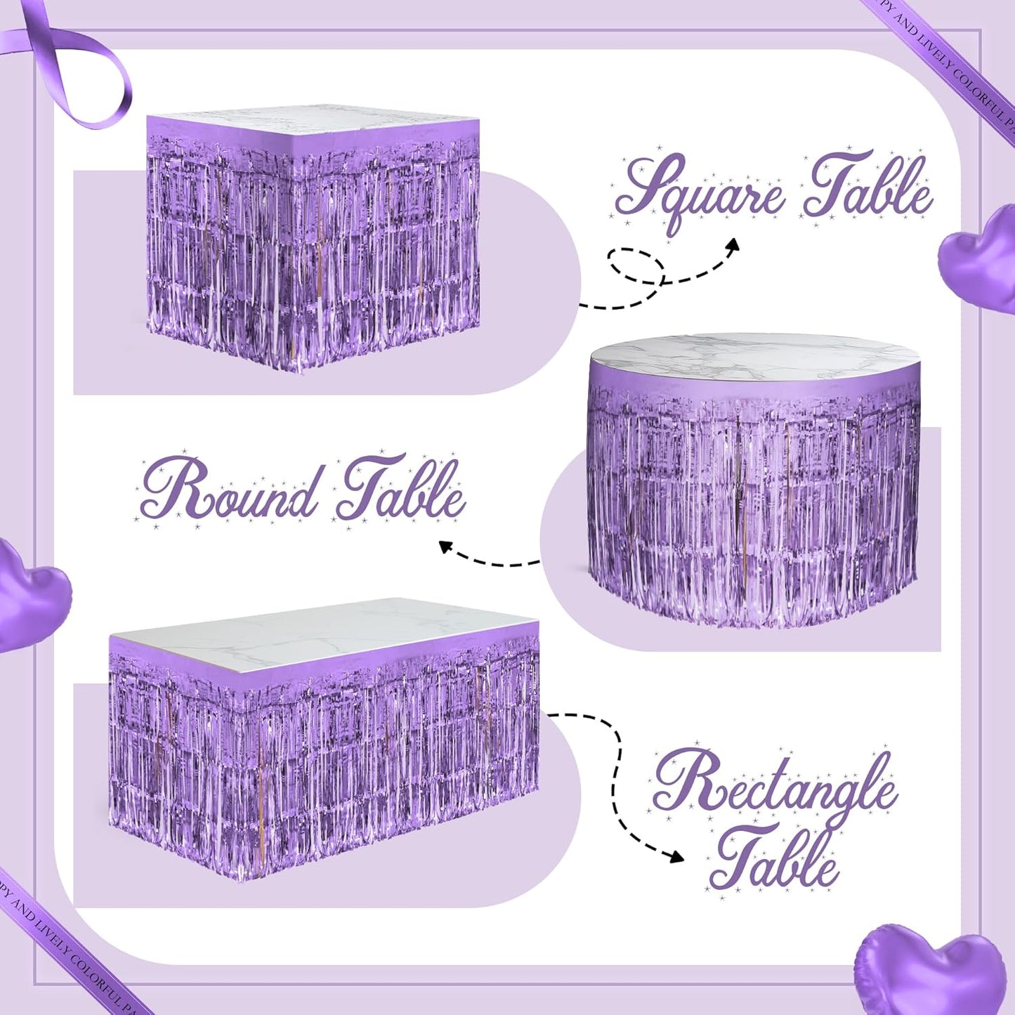 4 Pack Light Purple Table Skirts, 29x108" Metallic Foil Tinsel Fringe Table Skirts for Rectangle Tables Streamer Curtains Backdrop, Party Decorations for Birthdays Weddings Holidays