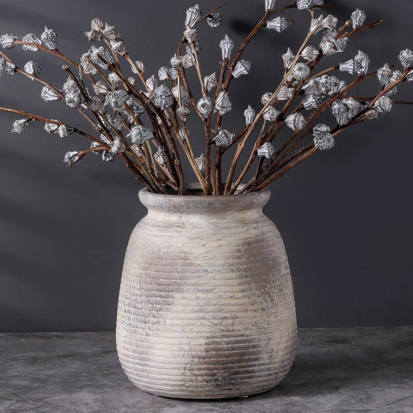 Ceramic Flower Vase, 7.48" Rustic Vases Home Decor Farmhouse Vintage Pampas Decorative Pottery Clay Vases for Table Living Room Bookshelf Entryway Kitchen Bathroom Bedroom