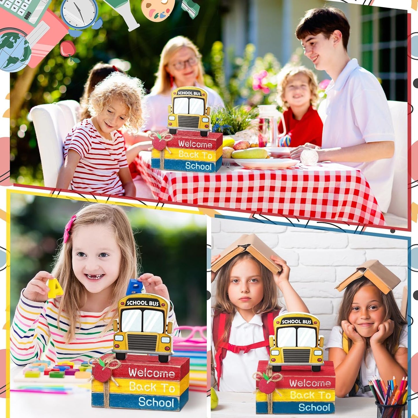 4 Pcs Back to School Table Decorations First Day of School Tiered Tray Decorations Decorative Mini Wooden Books Subject Signs for Office Shelf Classroom Tabletop Bookshelf(Bus)