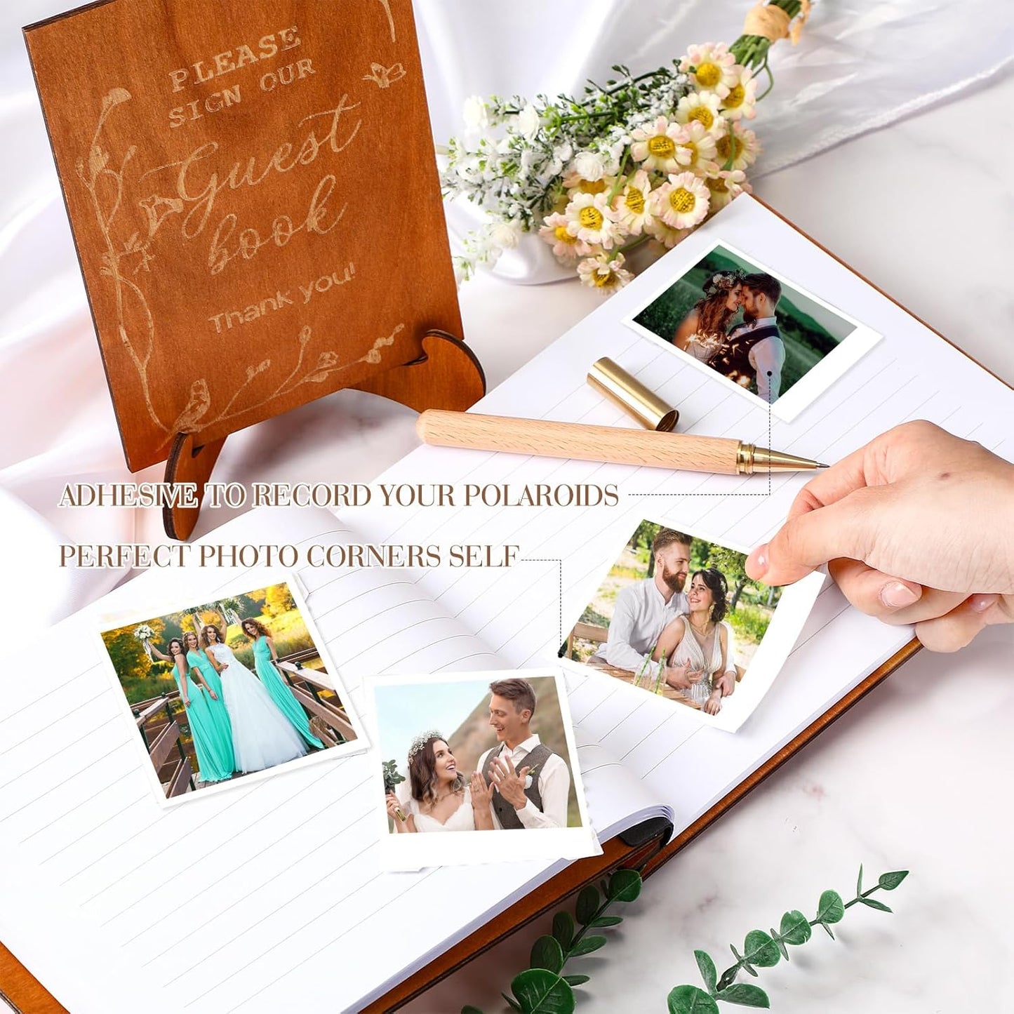 Wedding Guest Book Personalized Photo Guestbook to Sign at Reception Wedding Guest Sign in Book Photo Album Hard Cover 88 Lined Pages for Baby Shower Birthday Anniversary Party (Wood Floral)