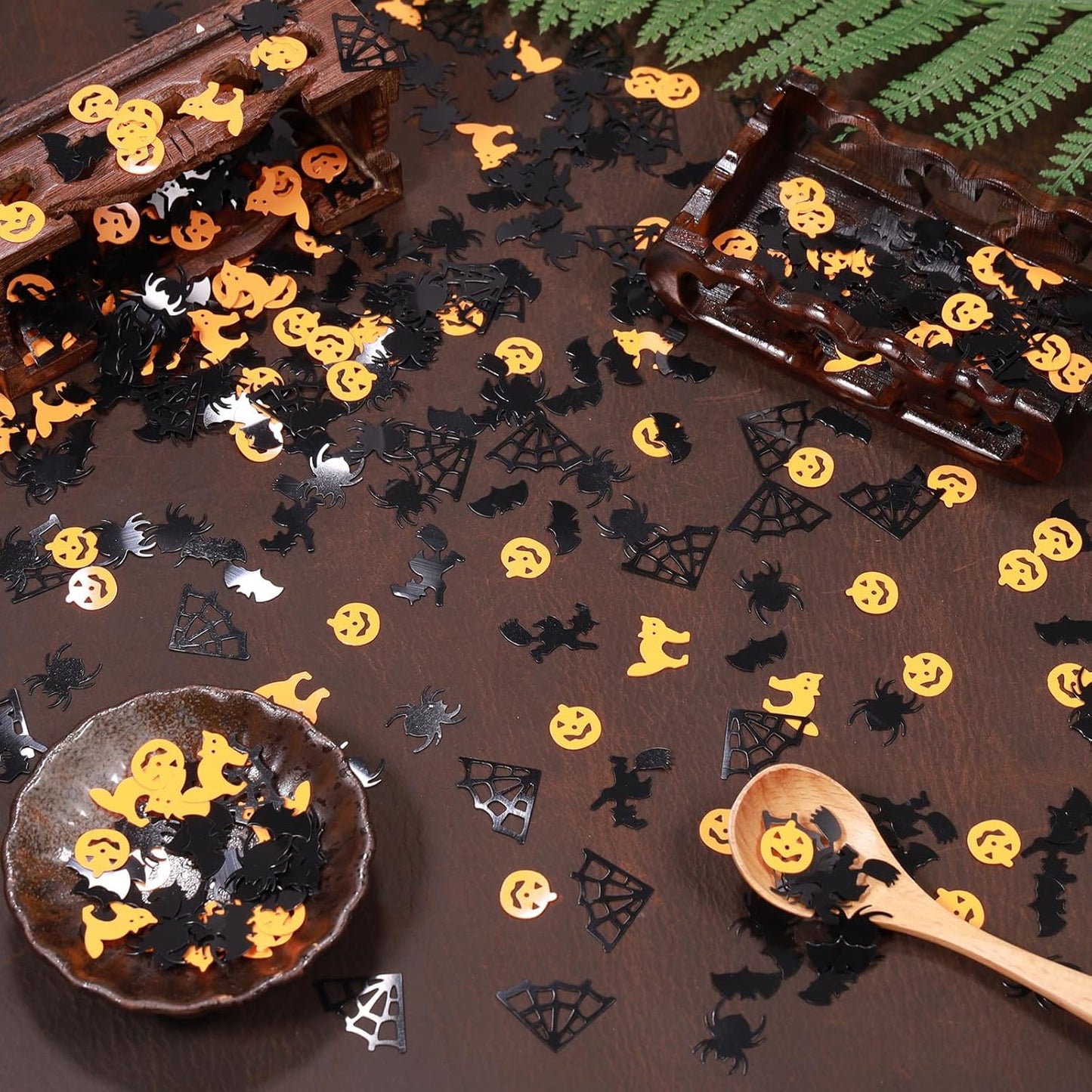 Orange and Black Halloween Party Table Scatter Confetti, 3000 Pcs Pumpkin Spider Webs Bat Foil Metallic Confetti for Halloween Party Table Decorations
