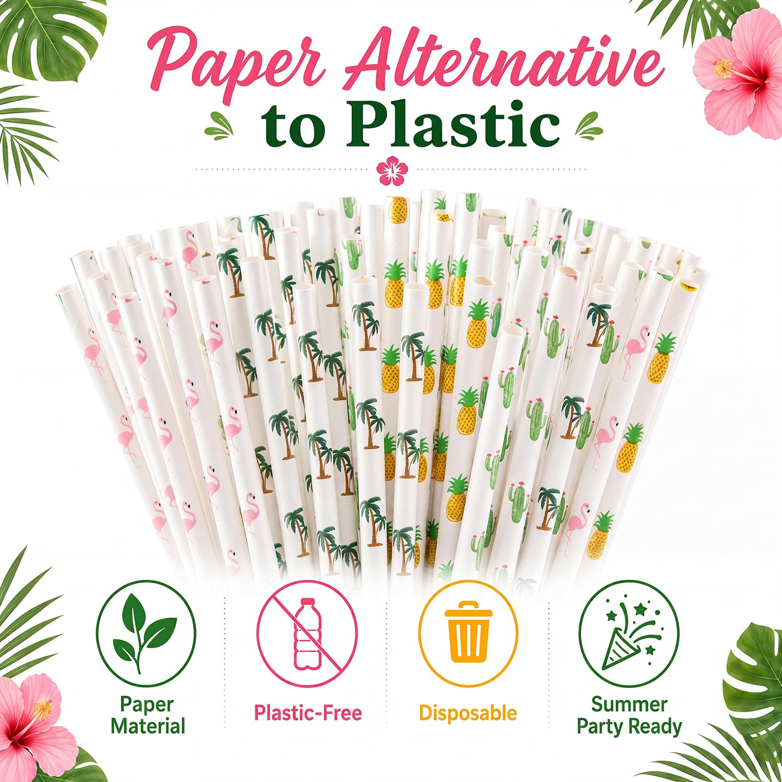 ALINK 100 Pack Tropical Paper Straws - 7.75" Biodegradable Hawaii Party Straws with Flamingo