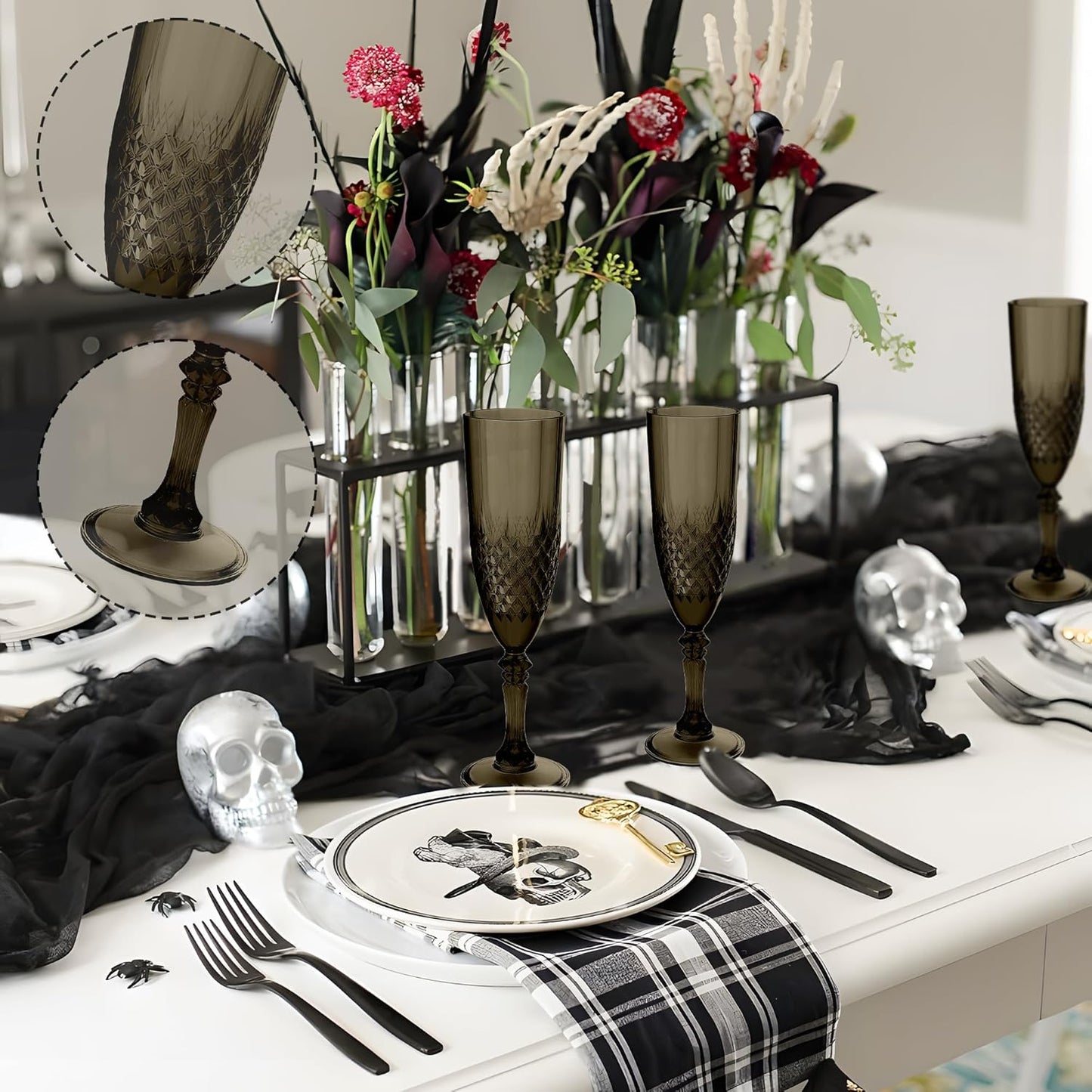 Plastic Champagne Flutes, 12PCS Black Wine Glasses Goblets Cups Shatterproof Reusable Flute for Halloween Weddings Bachelor Parties Toasting and Events(12, Black)