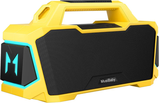 MusiBaby M1 Portable Bluetooth Speaker Yellow, Loud Stereo Sound Subwoofer Deep Bass, IPX6 Waterproof, 24H+ Playtime, Bluetooth 5.3, Dual Pairing Boombox for Outdoor Camping Hiking Party Shower