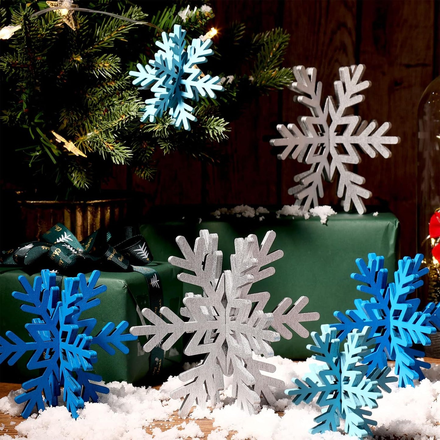 Bucherry 12 Pcs Wooden Snowflake Table Decor 3D Snowflake Tabletop Signs and Centerpiece for Christmas Xmas Winter Wonderland Decorations Home Party(Silver)