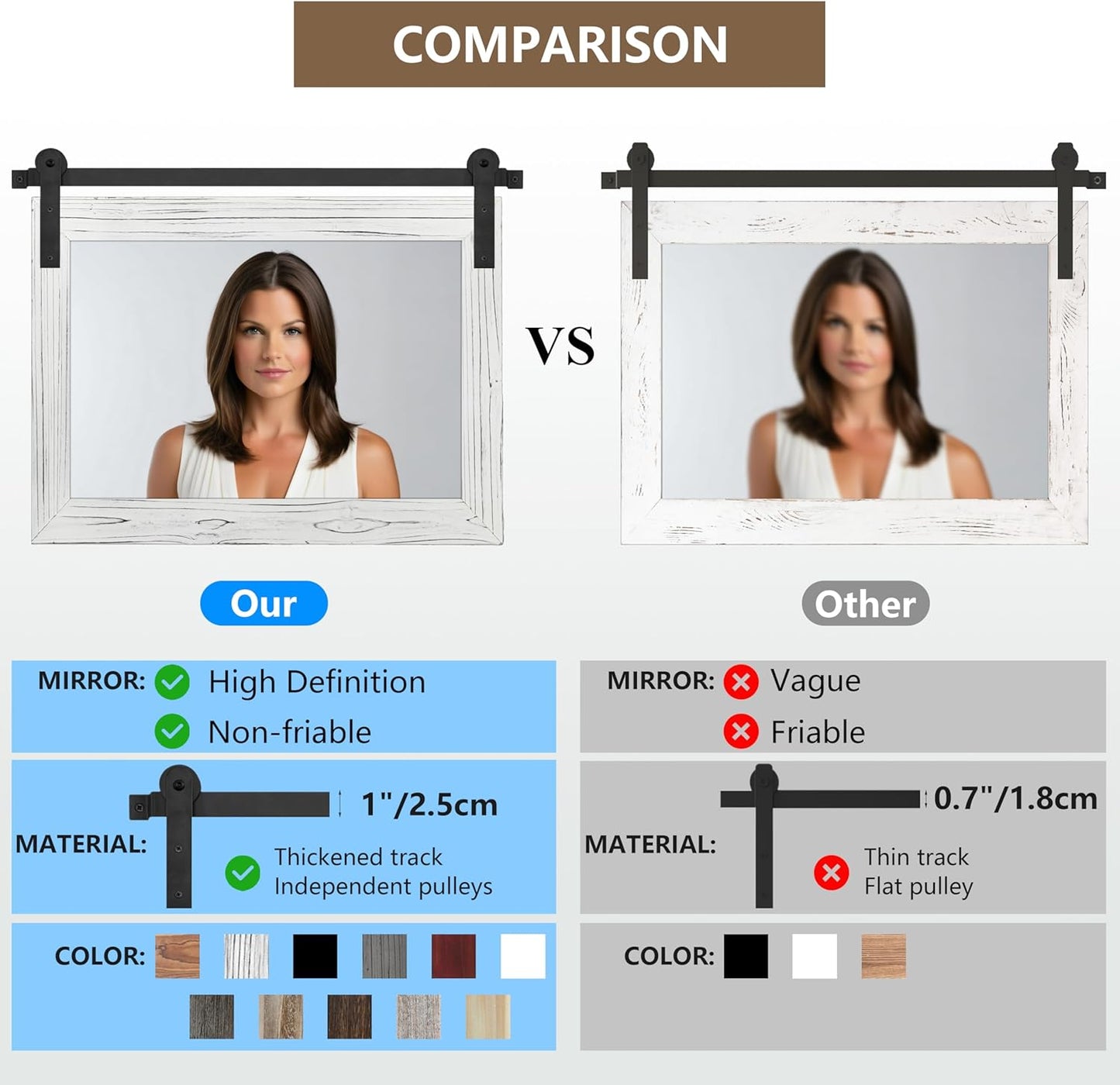 COGOOD Farmhouse Barn Door Mirror - 41" x 26" Rustic Wood Framed Wall Mirror for Bathroom, Living Room, Bedroom Wall Decor (White)