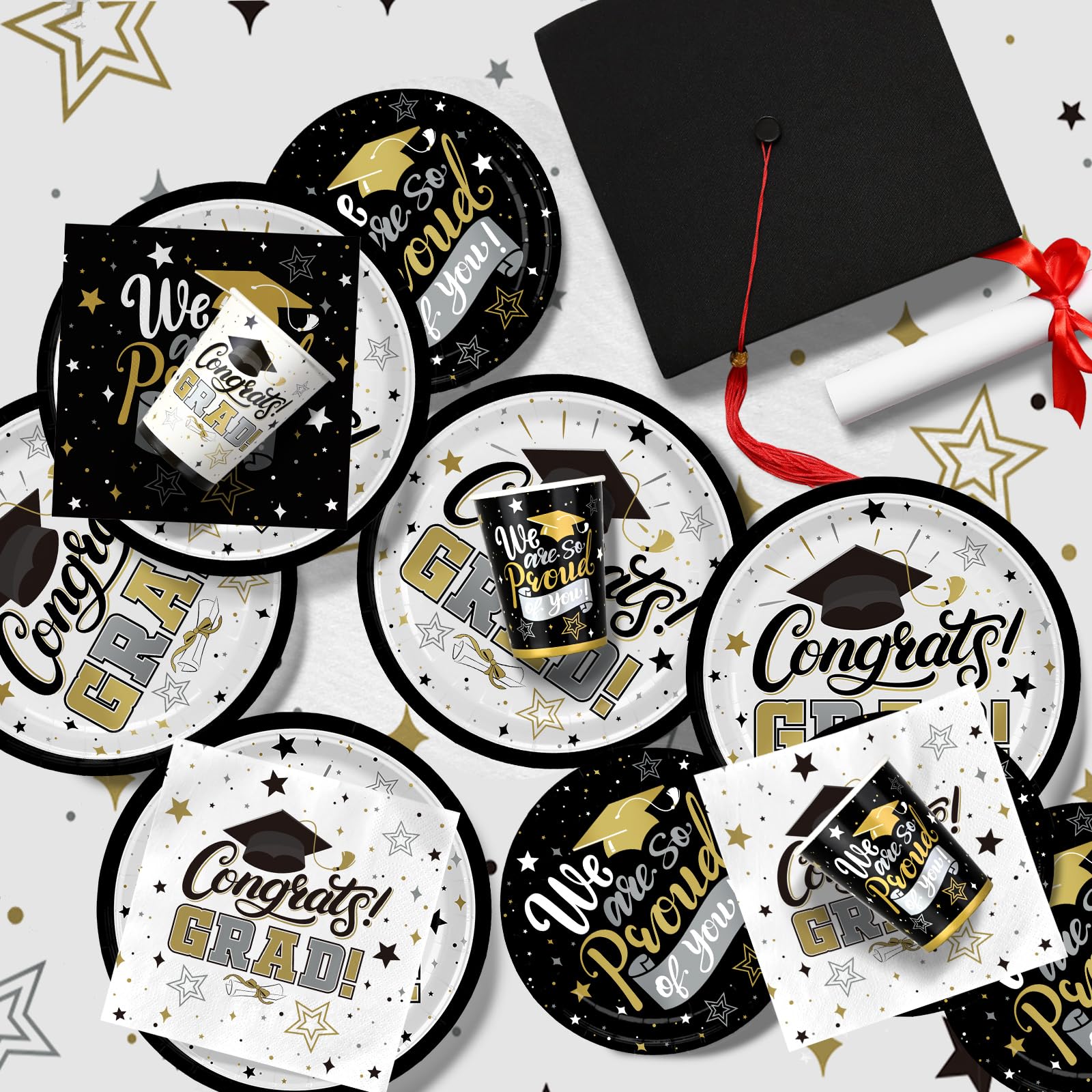 Graduation Decorations 2026 Black and Gold Grad Party Supplies with Disposable Plates, Napkins
