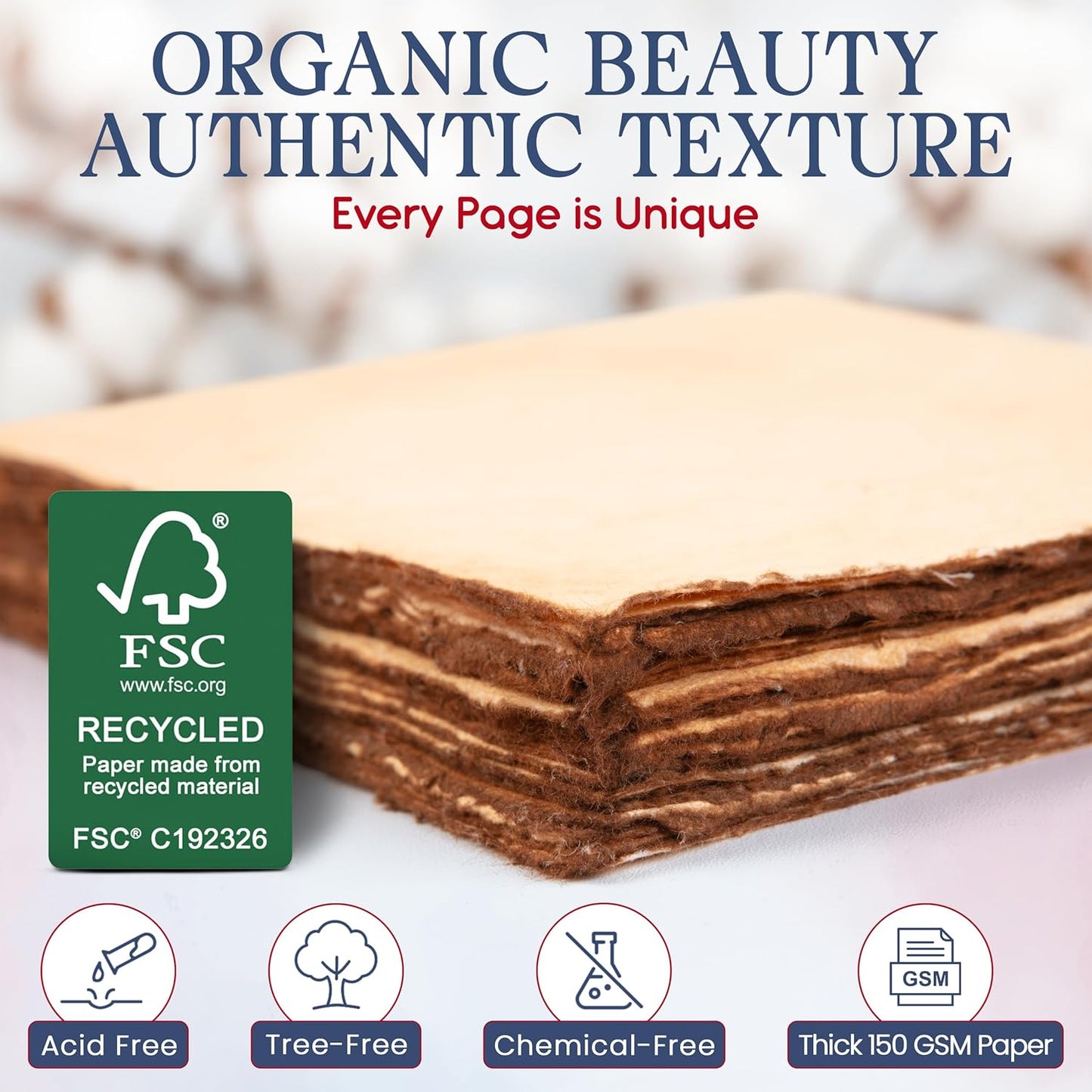 Wanderings Handmade Antique Deckle Edge Blank Paper - 8.25 x 11.7 - A4 Size Package of 50 - Recycled Watercolor Mixed Media Loose Leaf Paper for Writers Invitations Crafts - Thick 150 GSM