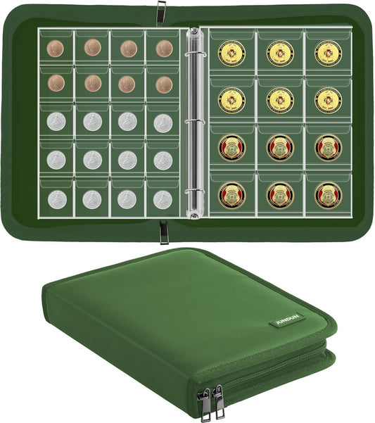 Coin Collection Book for Collector,260 Pockets Fireproof Coin Collection Holder Album,Coin Collection Organizer Storage Box Case Album for 20/25/ 27/30/ 38mm Coins,Green