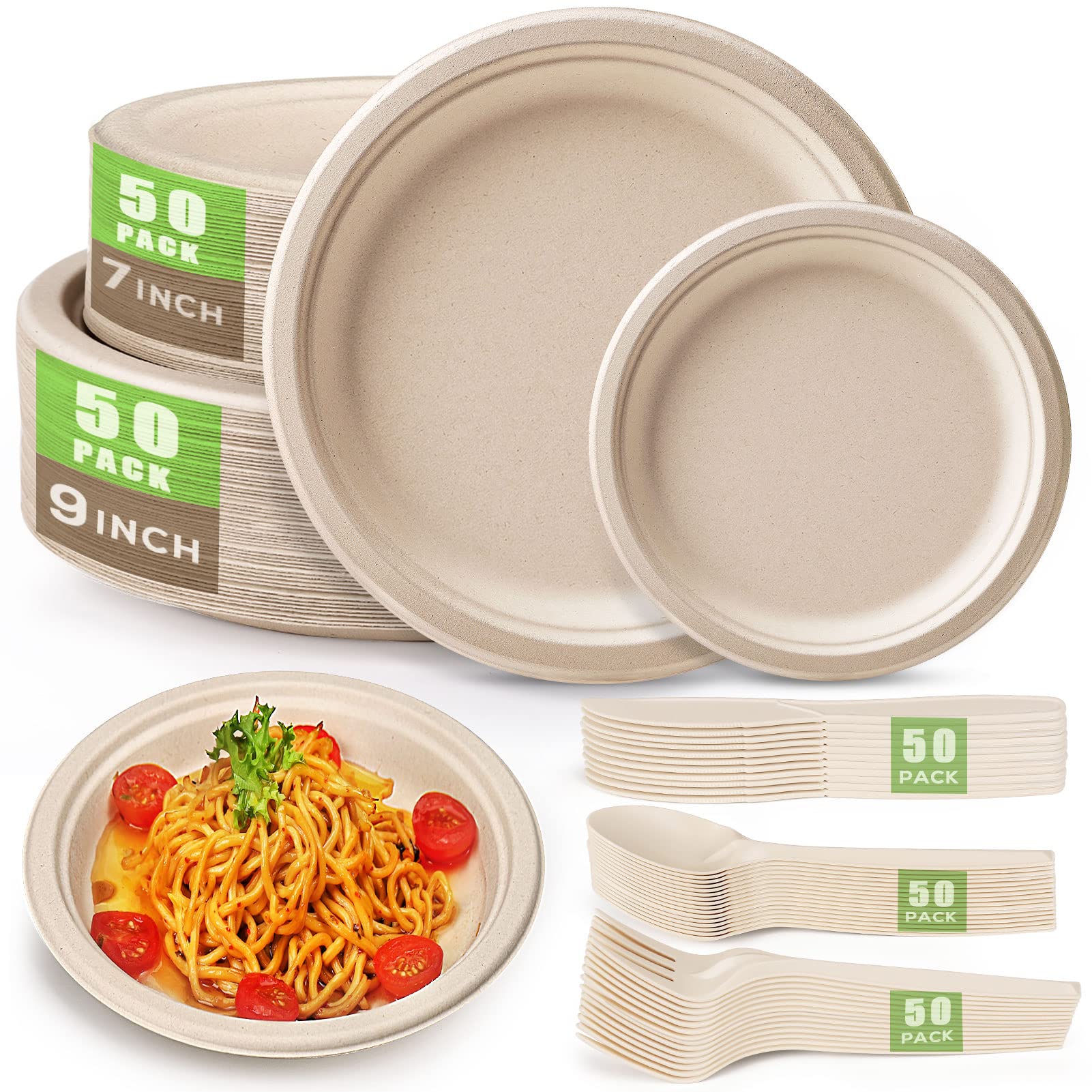 Gezond 250Pcs Disposable Paper Plates Set, Compostable Plate Sugarcane Utensils Eco Friendly