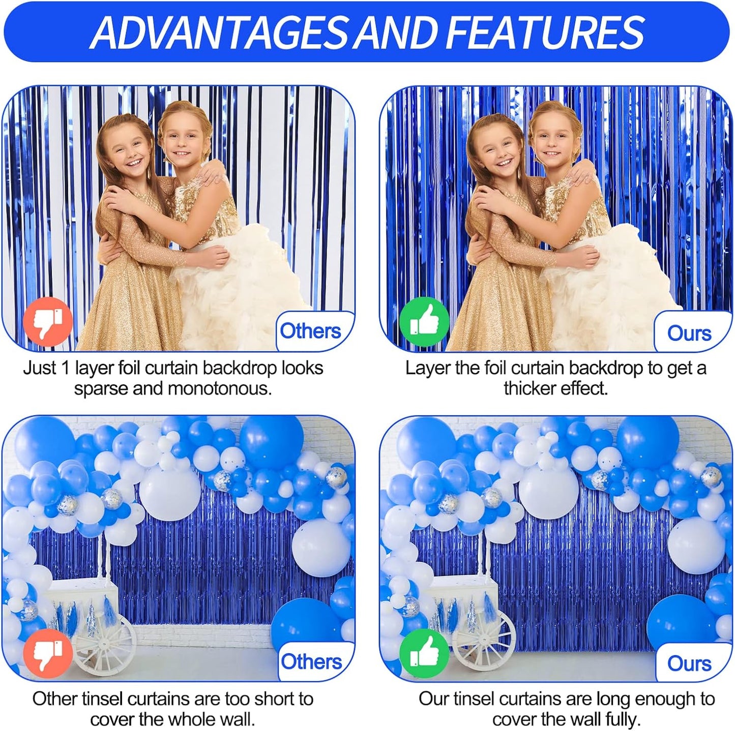 Crosize 4 Pack 3.3 x 9.9 ft Dark Blue Foil Fringe Curtains Party Decorations, Blue Tinsel Curtain Backdrop for Parties, Door Streamers, Glitter Streamer Fringe Backdrop for Birthday Decoration