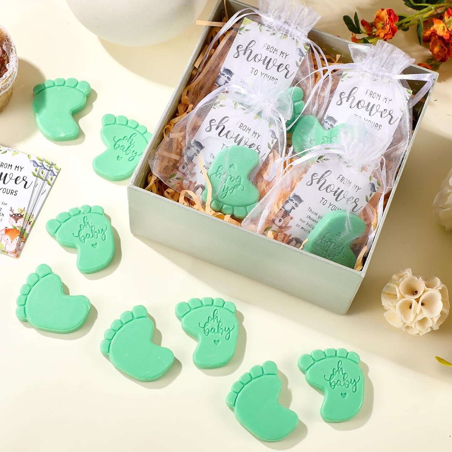 50 Sets Baby Shower Soap Favors for Guests - Mini Handmade Footprint Scented Soap with Thank You Cards and Organza Bag, Party Gifts for Gender Reveal Baptism Shower(Light Green)