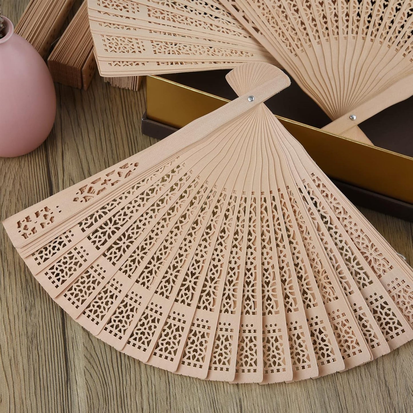 FEPITO 20 Pieces Wooden Handheld Paper Fan Wooden Folding Fans with Bamboos for Wedding Gift, Party, Home