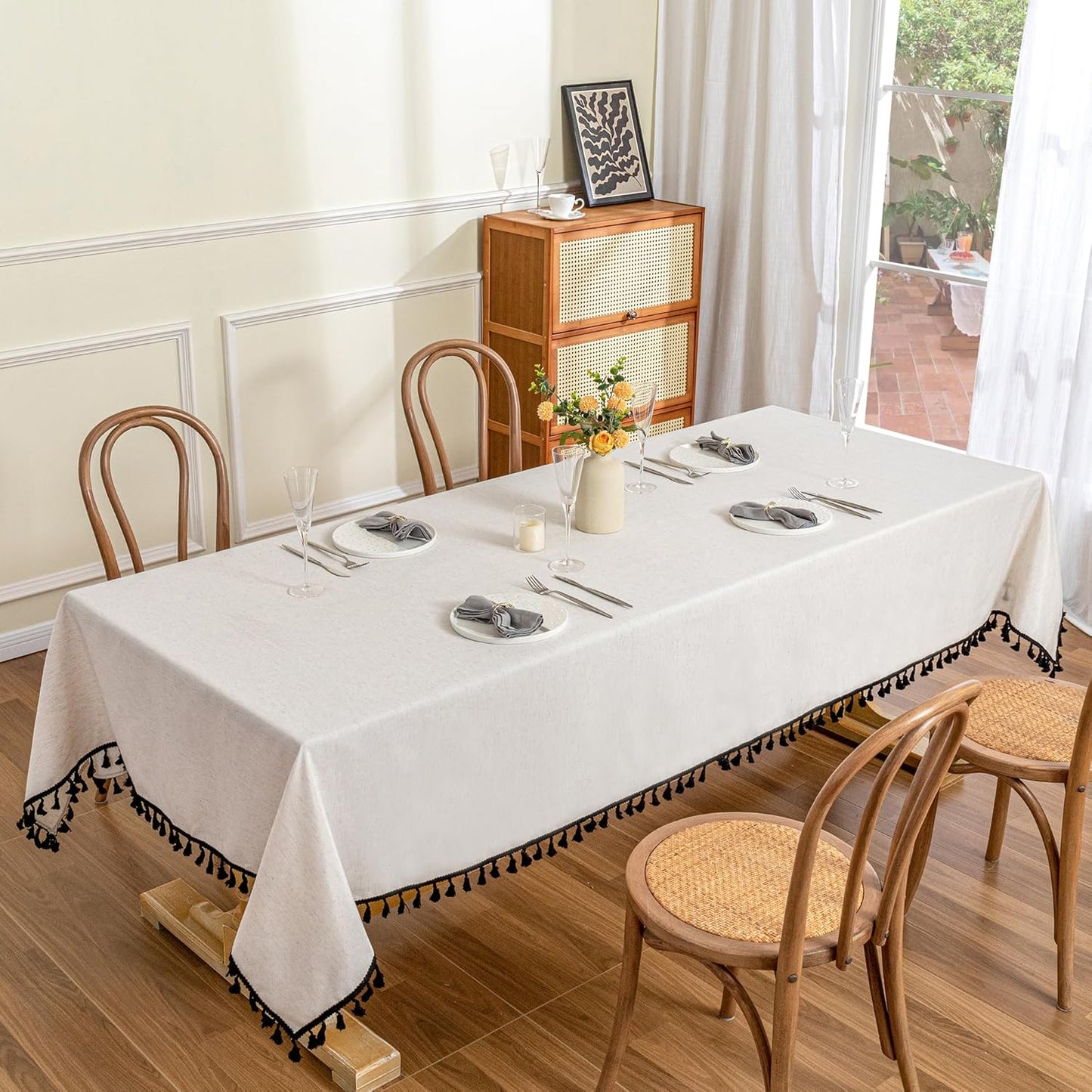 MYSKY HOME Table Cloth 60x102 in Rectangle Table, Cotton Tassel Linen Look Waterproof Tablecloths Farmhouse Tablecloth, Wrinkle Free Table Cover with Black Tassels for Kitchen Dining, Party