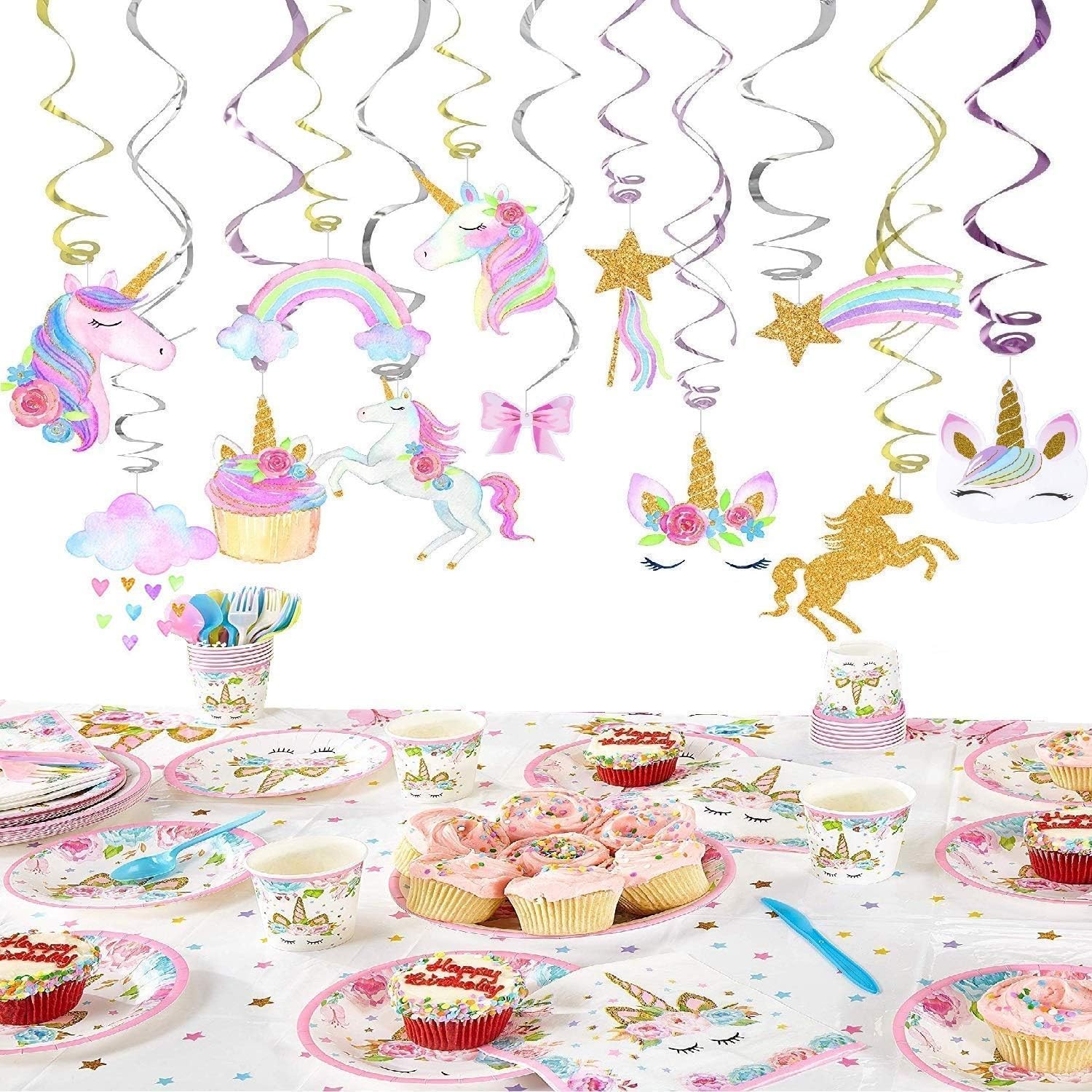 Kocici Unicorn Birthday Decorations, Rainbow Unicorn Party Supplies with Banner and Hanging Swirls