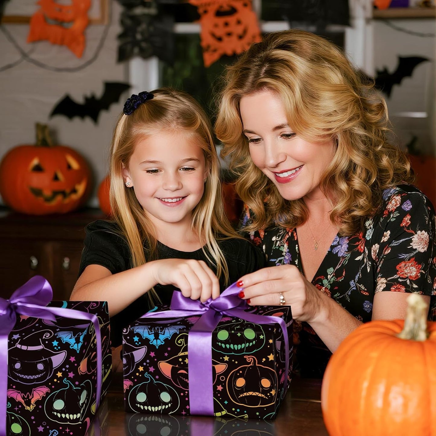 LeZakaa Halloween Pumpkin Wrapping Paper Roll, Neon Pumpkin Witch Hat Bat Pattern in Black, Glow-Like Gothic Kawaii Style Gift Wrap for Spooky Party & Candy Bags, Mini Roll 17 in x 16.4 Ft