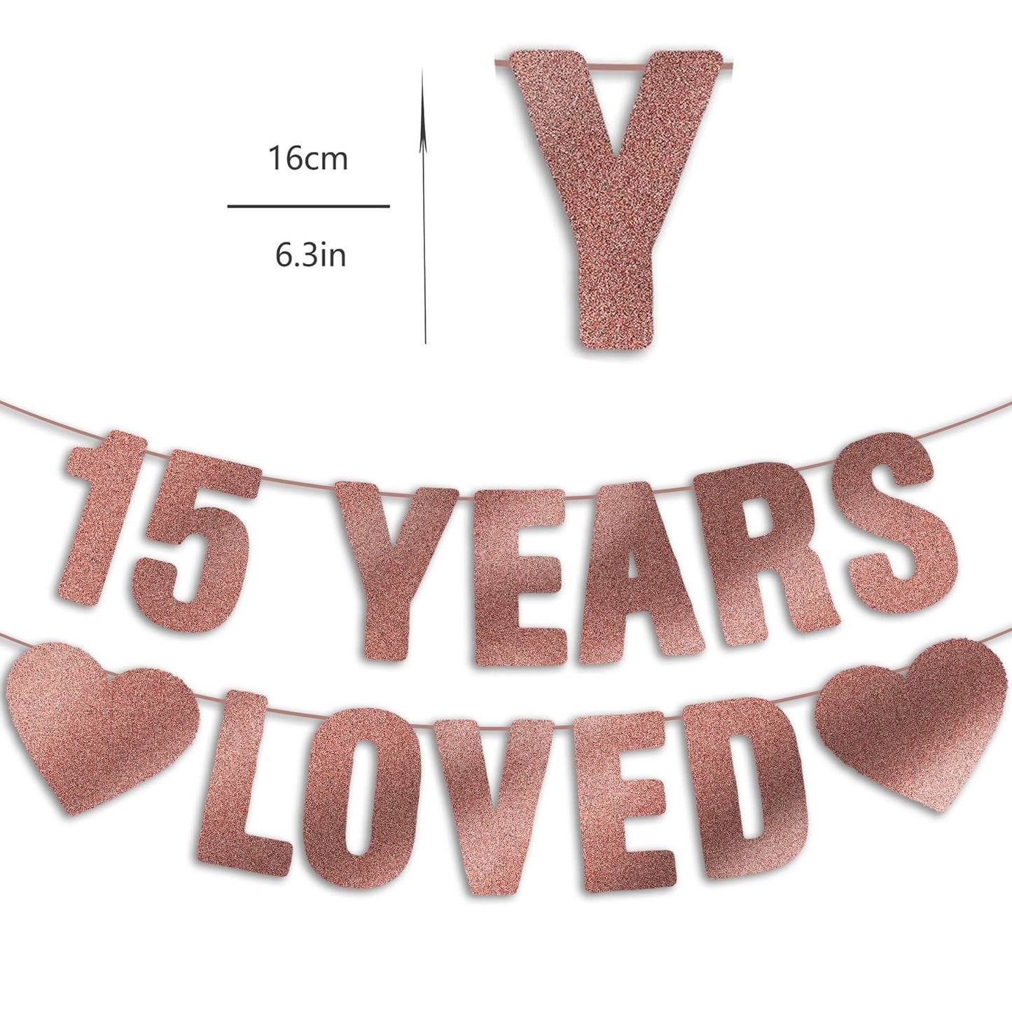 15th Birthday Party Decorations for Girls, Pre-Strung 15 YEARS LOVED Banner - Rose Gold Glitter