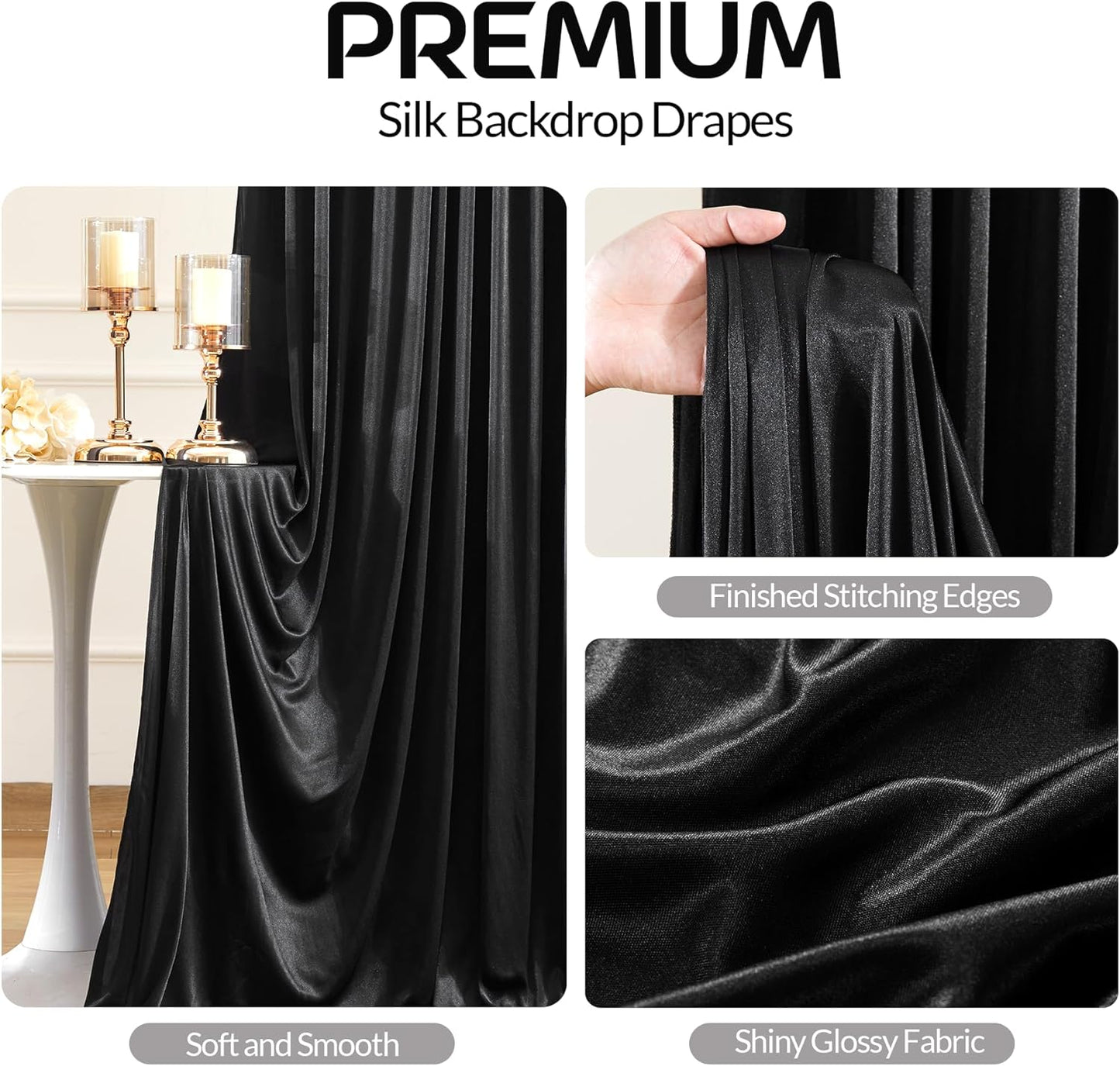 Black Satin Backdrop Curtains 2 Panels - Glitter Photo Drapes for Baby Shower, 10x10FT Shimmer Back Drop Cloth, Wrinkle Free for Birthday Party Prom Wedding Photoshoot Background