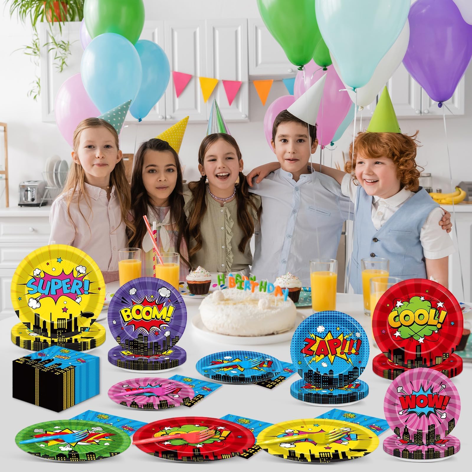 96Pcs Super Theme Hero Party Plates and Napkins Forks for Comic Heroes Birthday Decorations Hero's