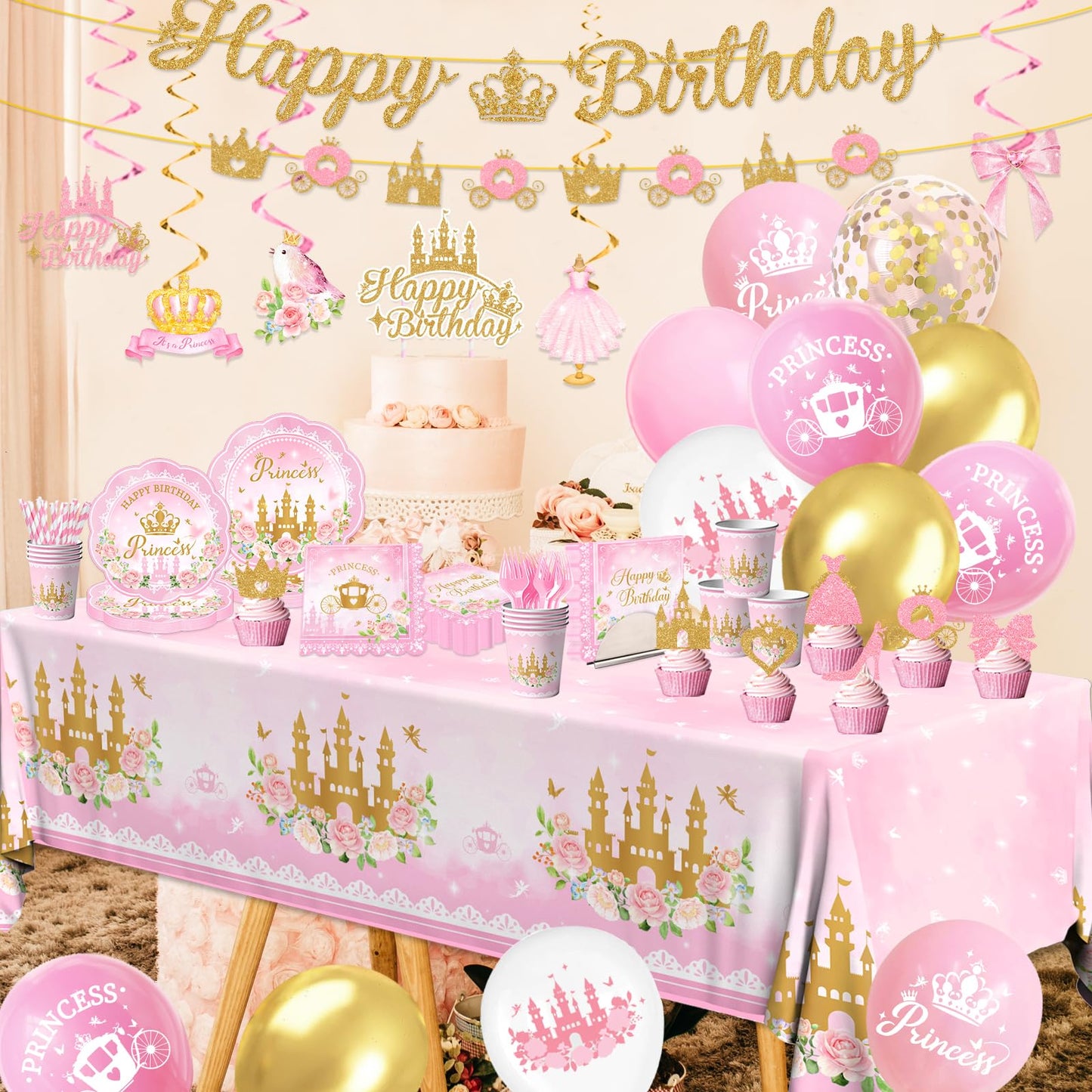 196Pcs Princess Birthday Party Decorations Serves 24,Pink Princess Birthday Themed Tableware