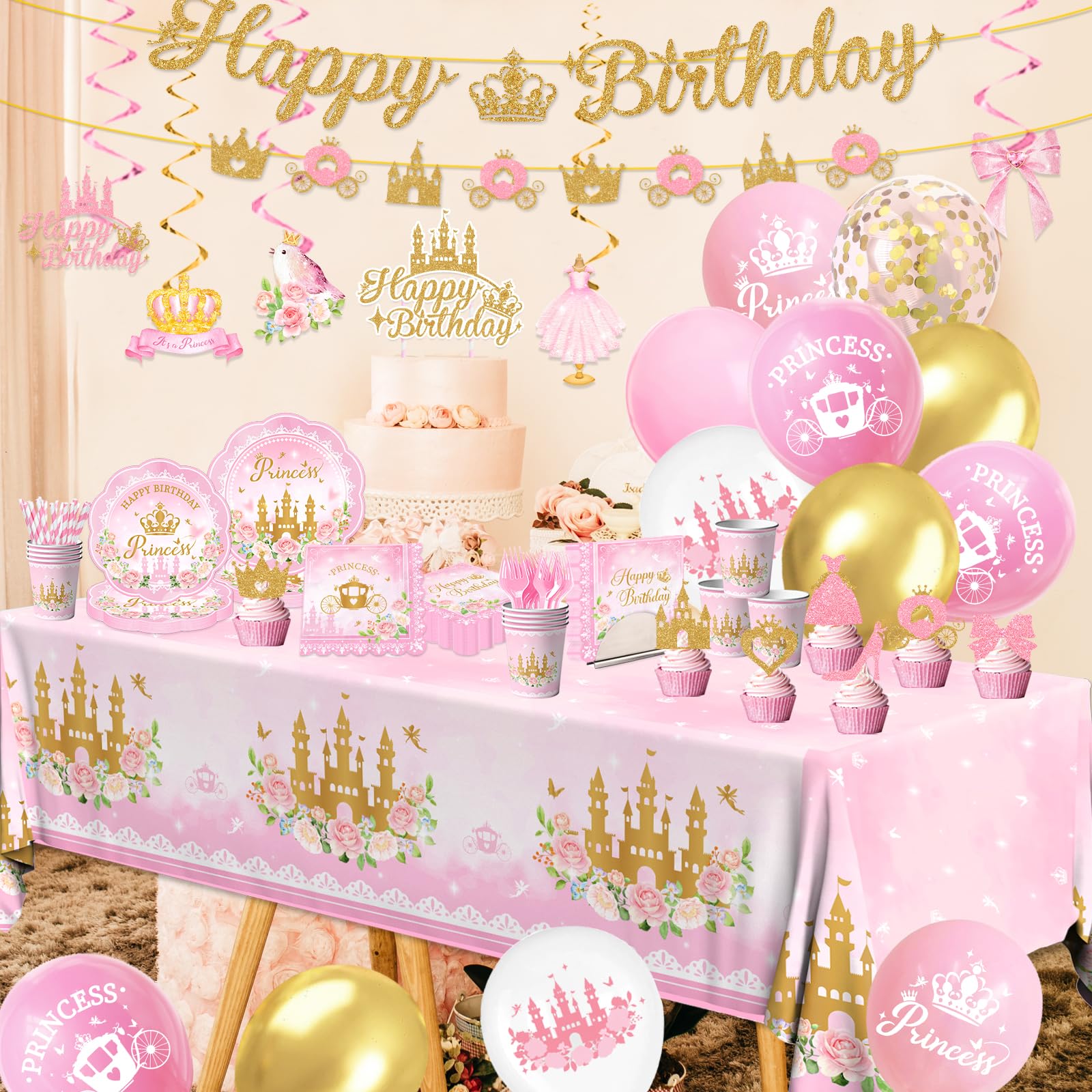 196Pcs Princess Birthday Party Decorations Serves 24,Pink Princess Birthday Themed Tableware